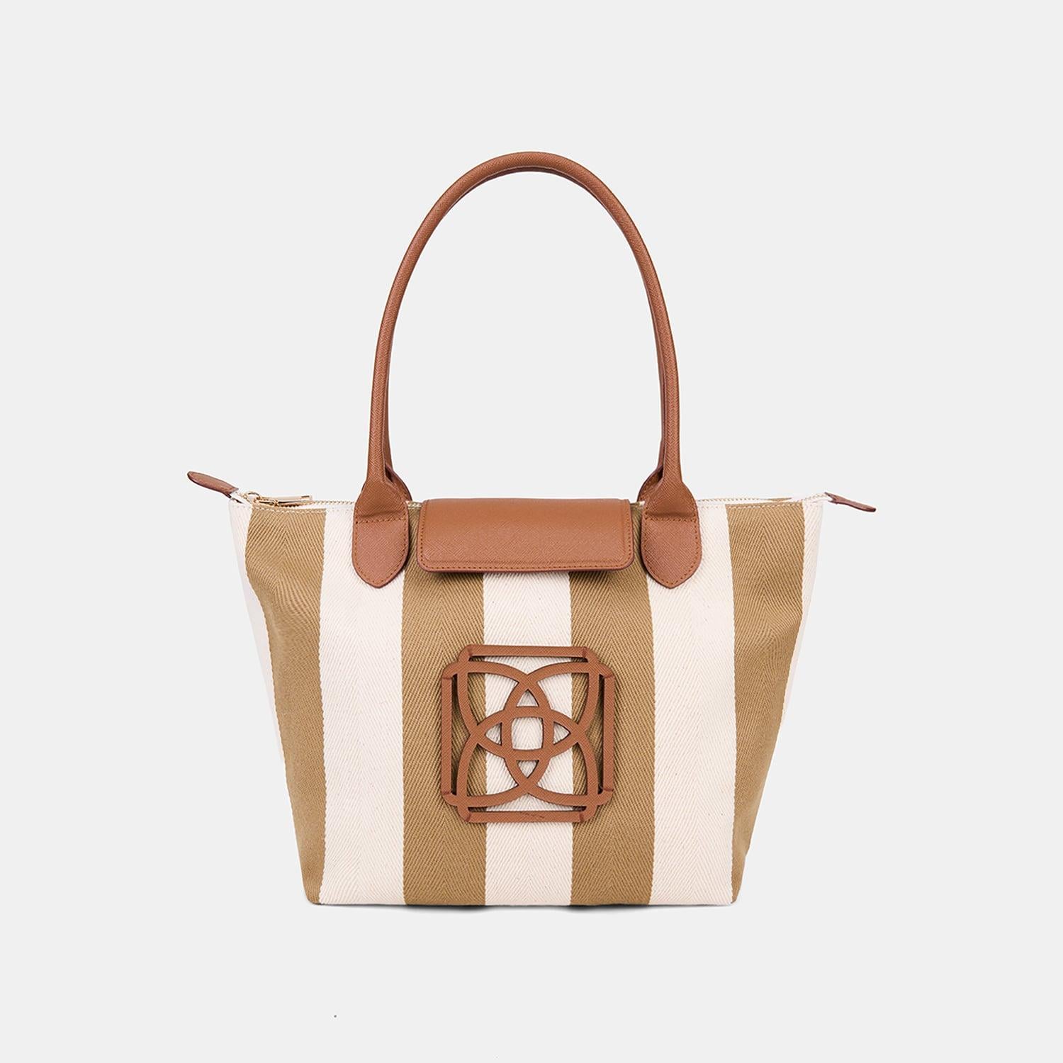 Kadın Monogram Logolu Vizon Çizgili Kumaş Midi Omuz Çantası