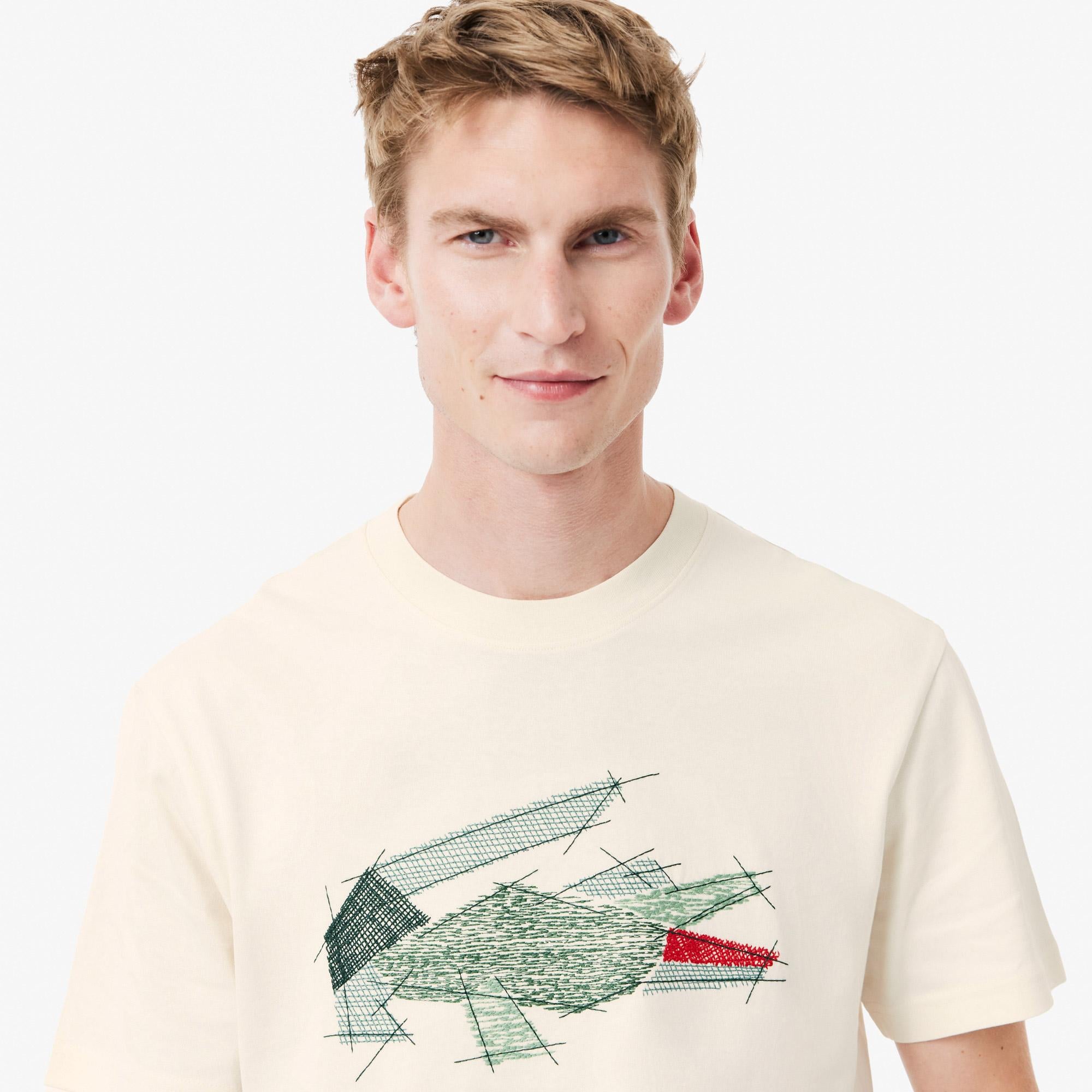 Erkek Classic Fit Bisiklet Yaka Baskılı Krem T-Shirt