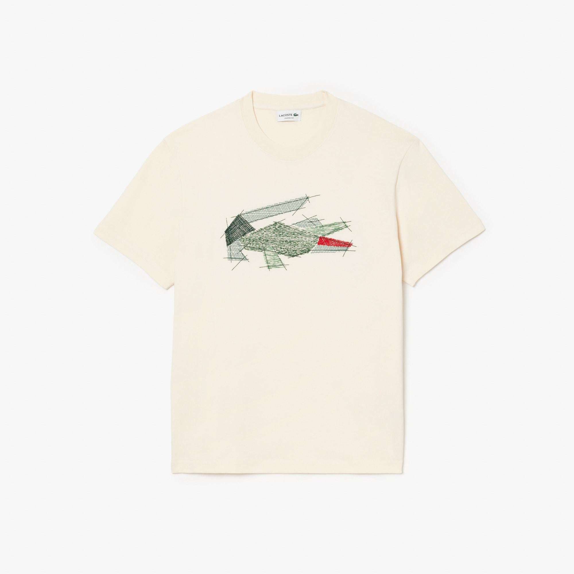 Erkek Classic Fit Bisiklet Yaka Baskılı Krem T-Shirt