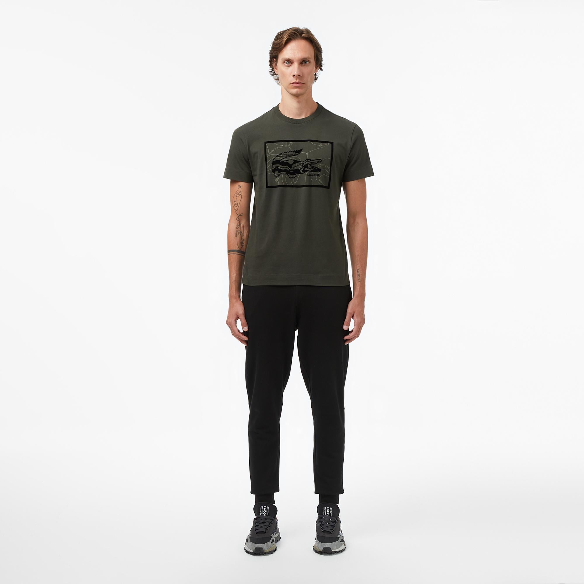 Erkek Bisiklet Yaka Baskılı Haki T-Shirt