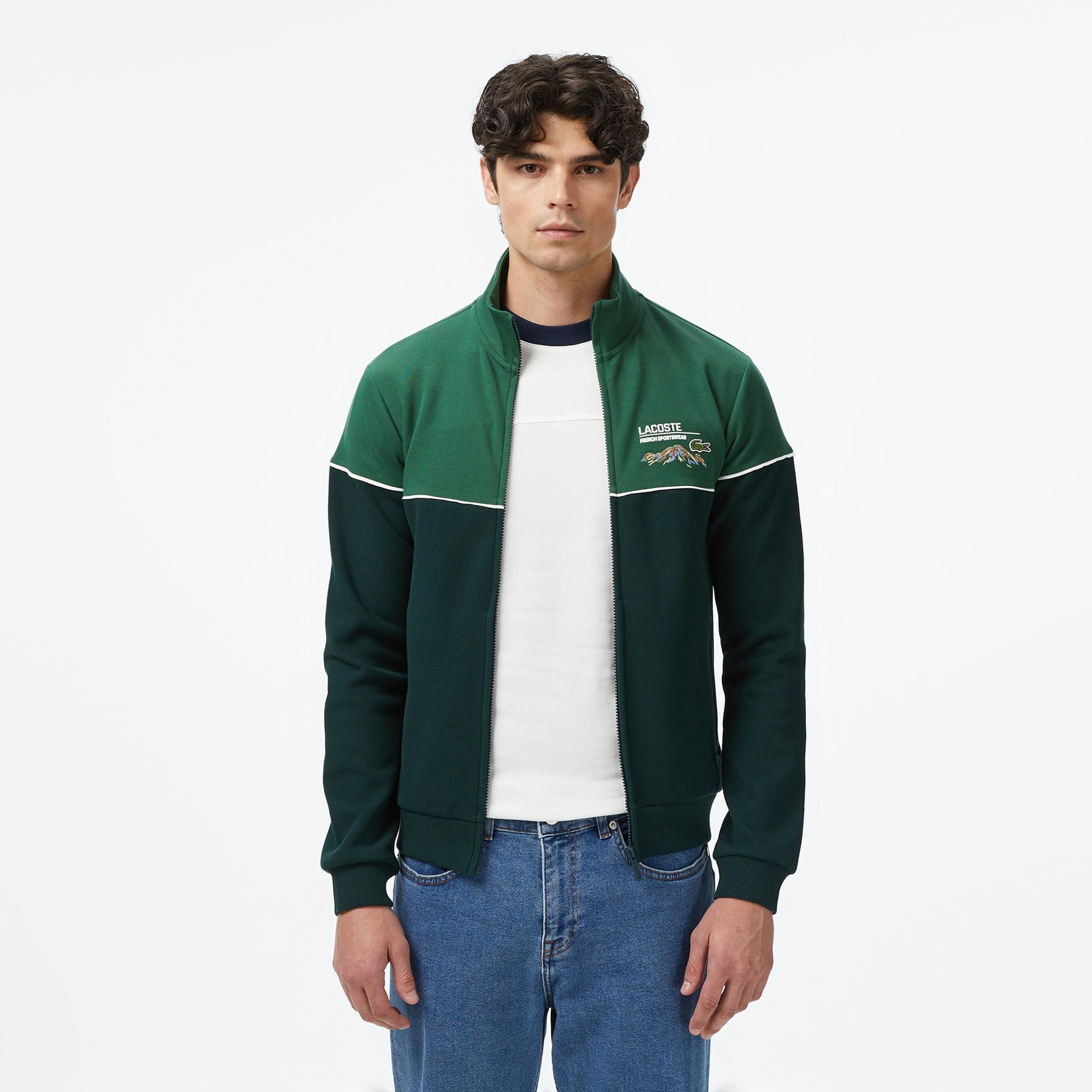Erkek Slim Fit Fermuarlı Renk Bloklu Yeşil Sweatshirt