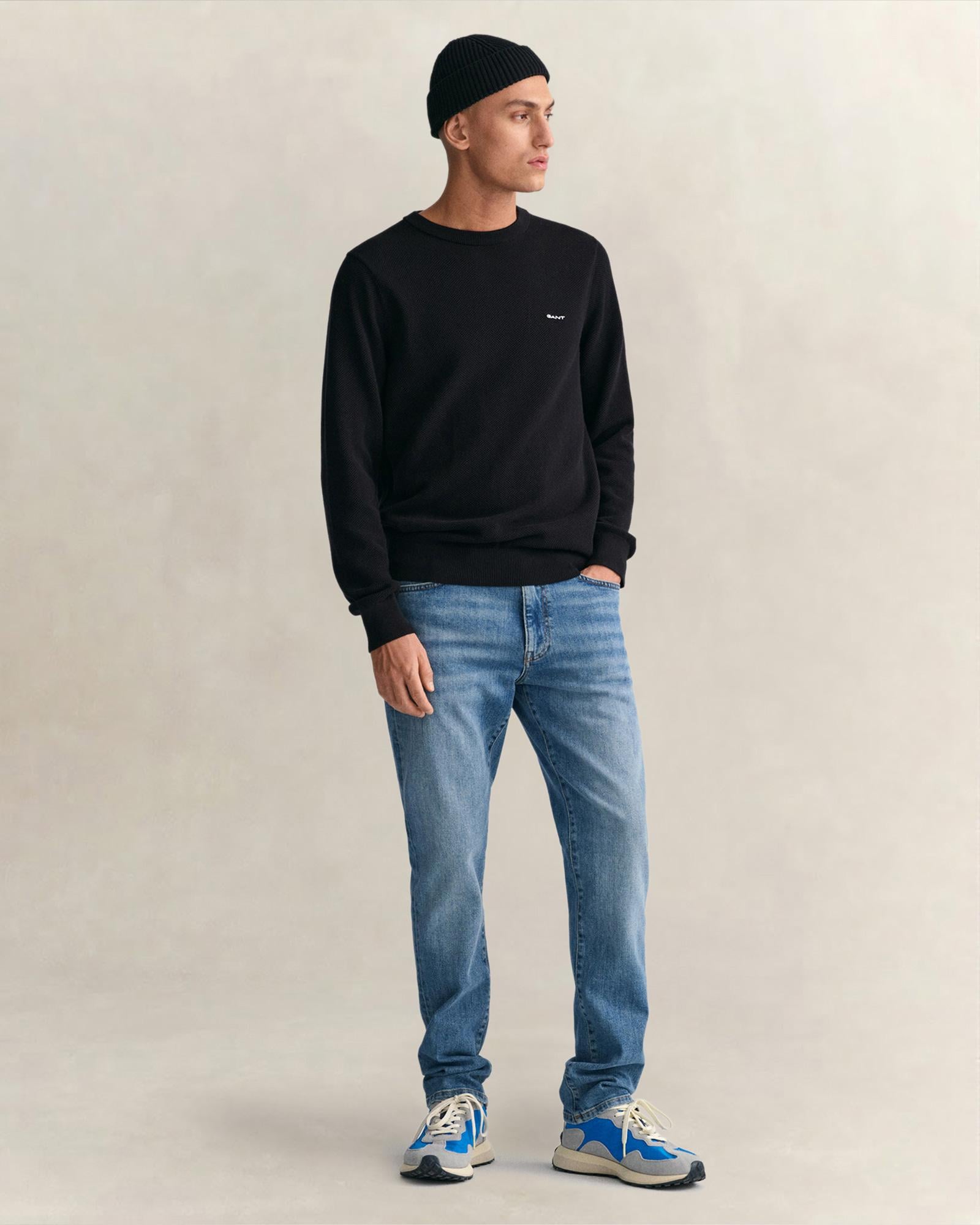 GANT Erkek Siyah Regular Fit Bisiklet Yaka Kazak