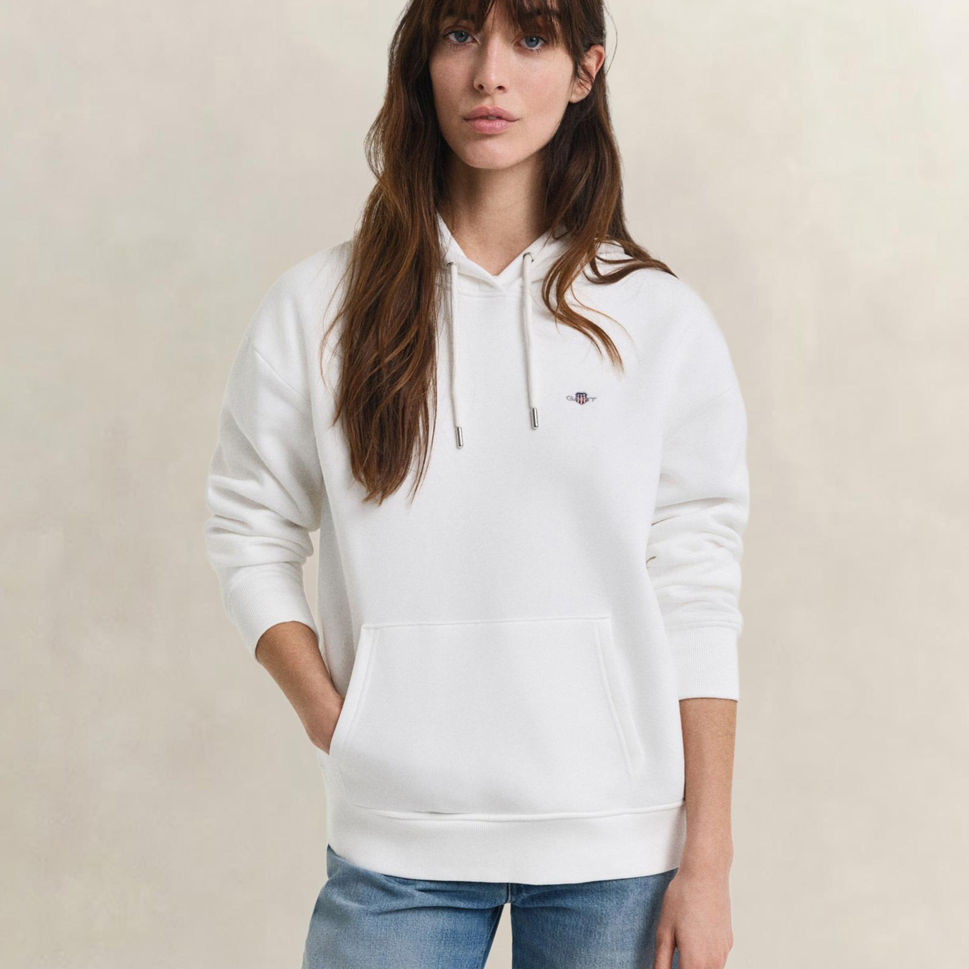 GANT Kadın Beyaz Relaxed Fit Kapüşonlu Sweatshirt