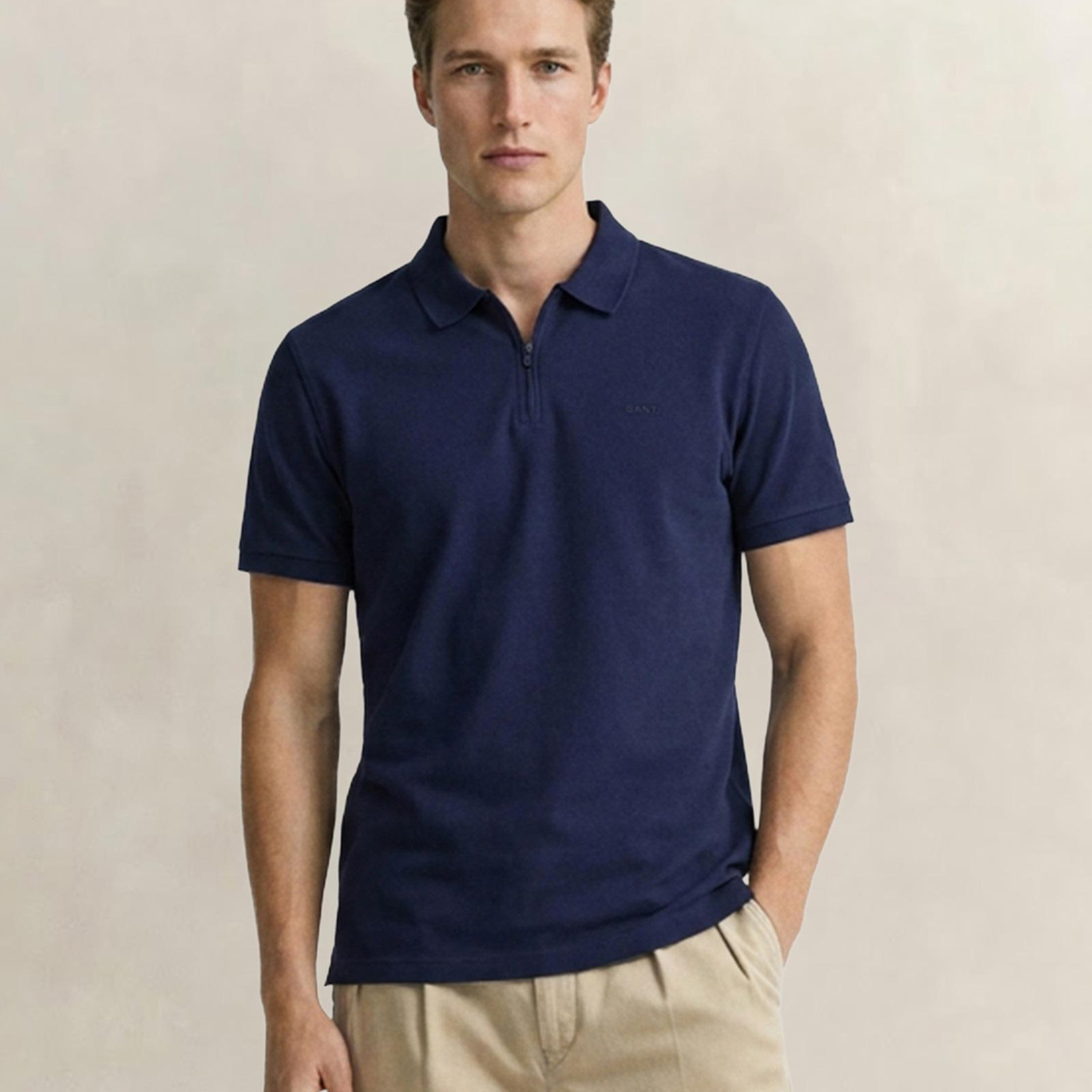 GANT Erkek Lacivert Regular Fit Yarım Fermuarlı Polo Yaka T-Shirt