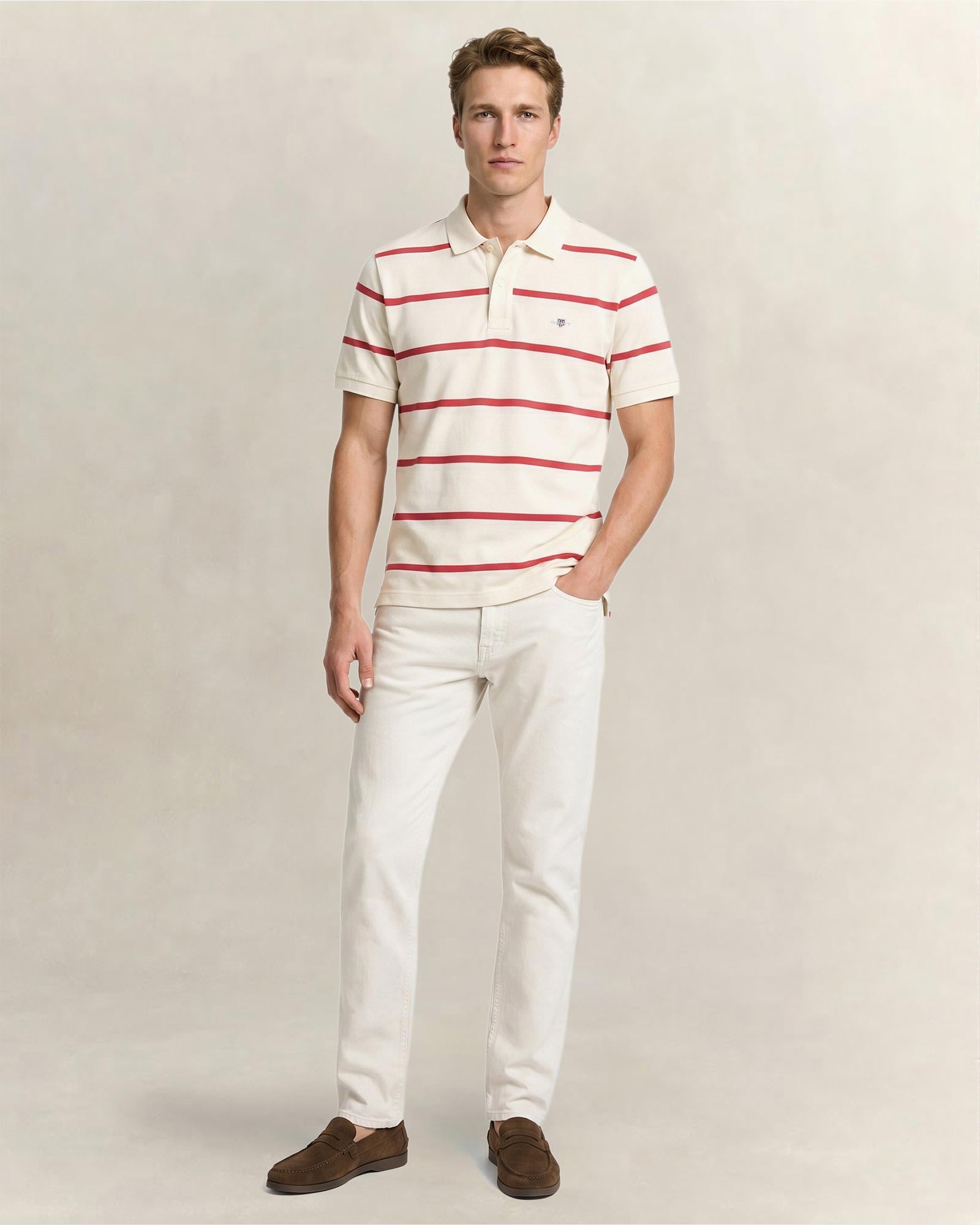 GANT Erkek Krem Regular Fit Çizgili Logolu Polo Yaka T-Shirt