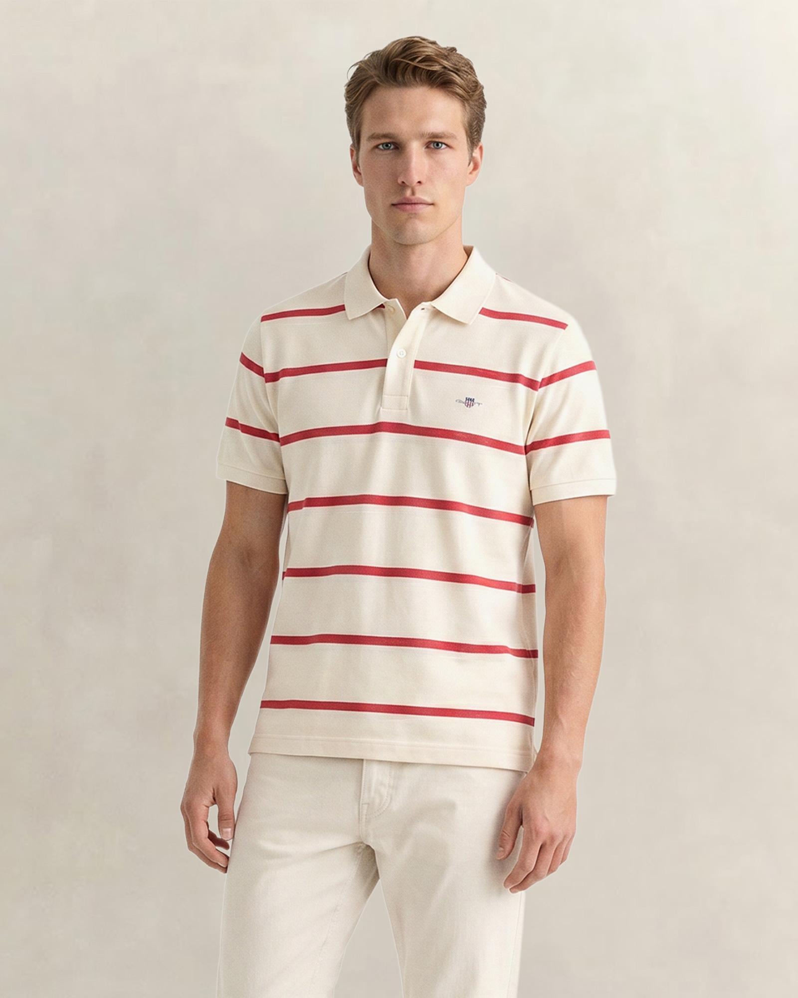 GANT Erkek Krem Regular Fit Çizgili Logolu Polo Yaka T-Shirt