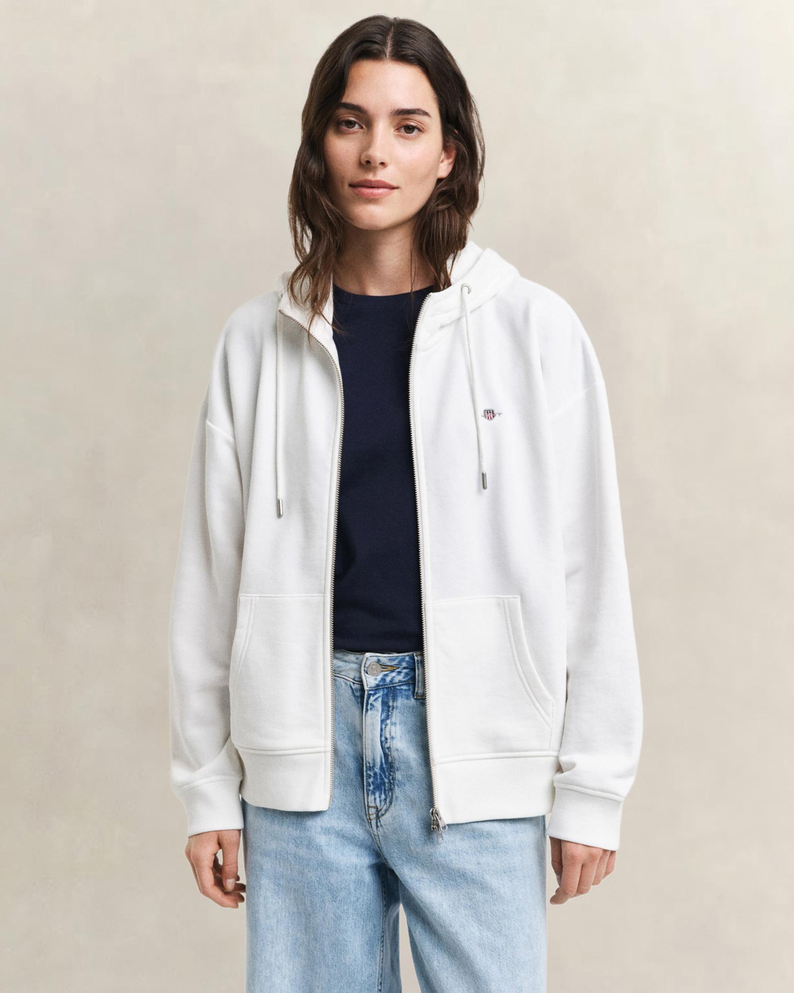 GANT Kadın Beyaz Relaxed Fit Kapüşonlu Sweatshirt
