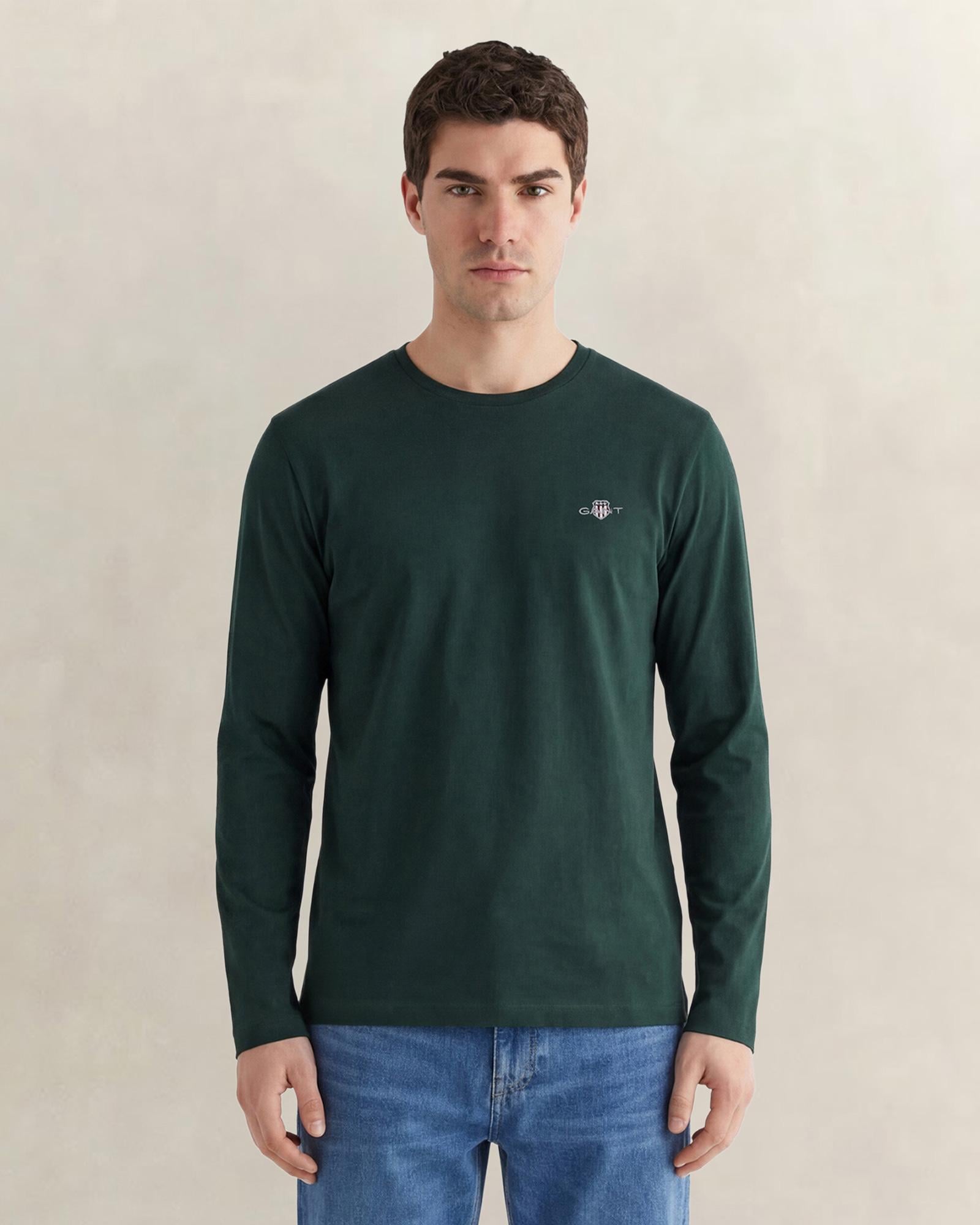 GANT Erkek Yeşil Regular Fit Bisiklet Yaka Uzun Kollu T-Shirt