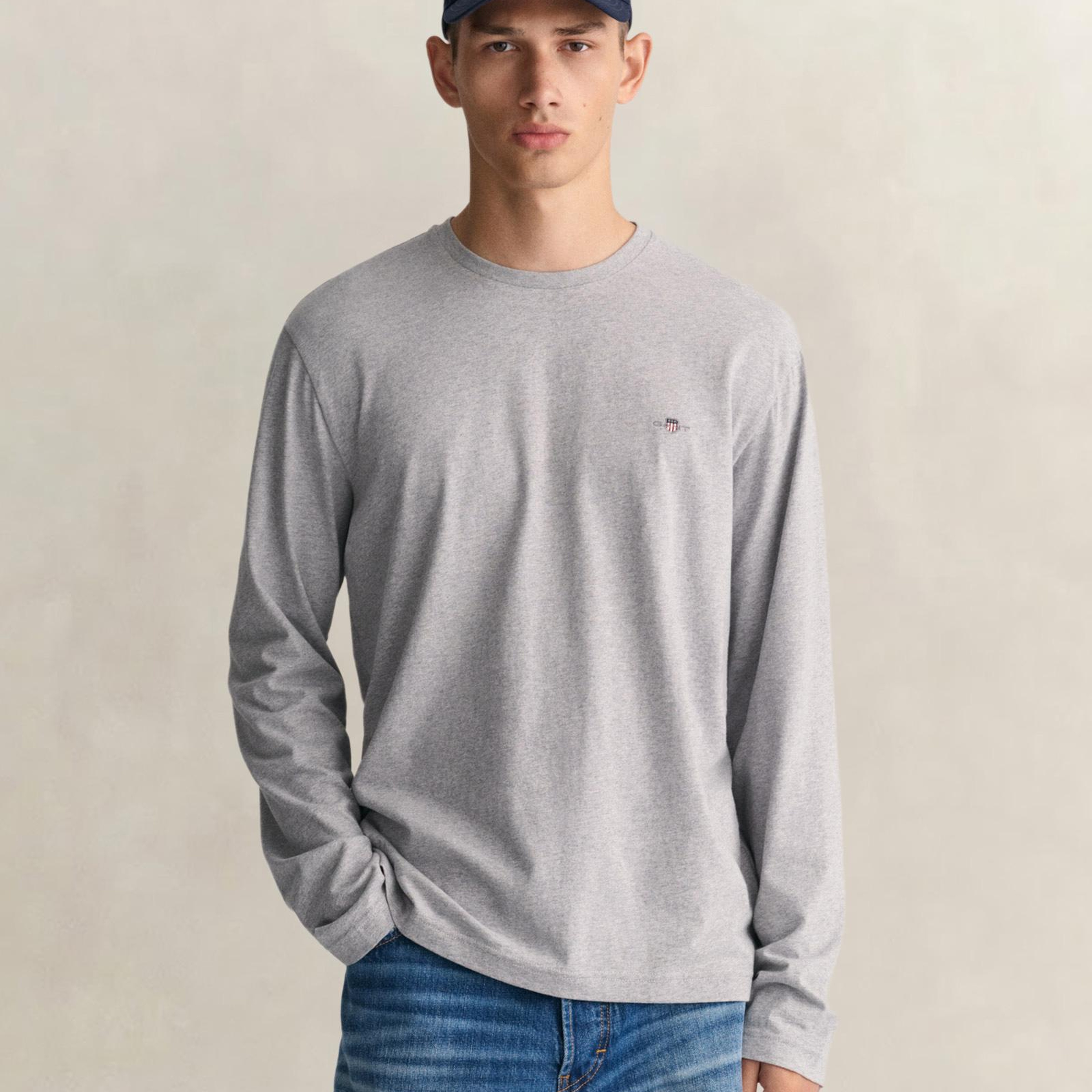 GANT Erkek Gri Regular Fit Bisiklet Yaka Uzun Kollu T-Shirt