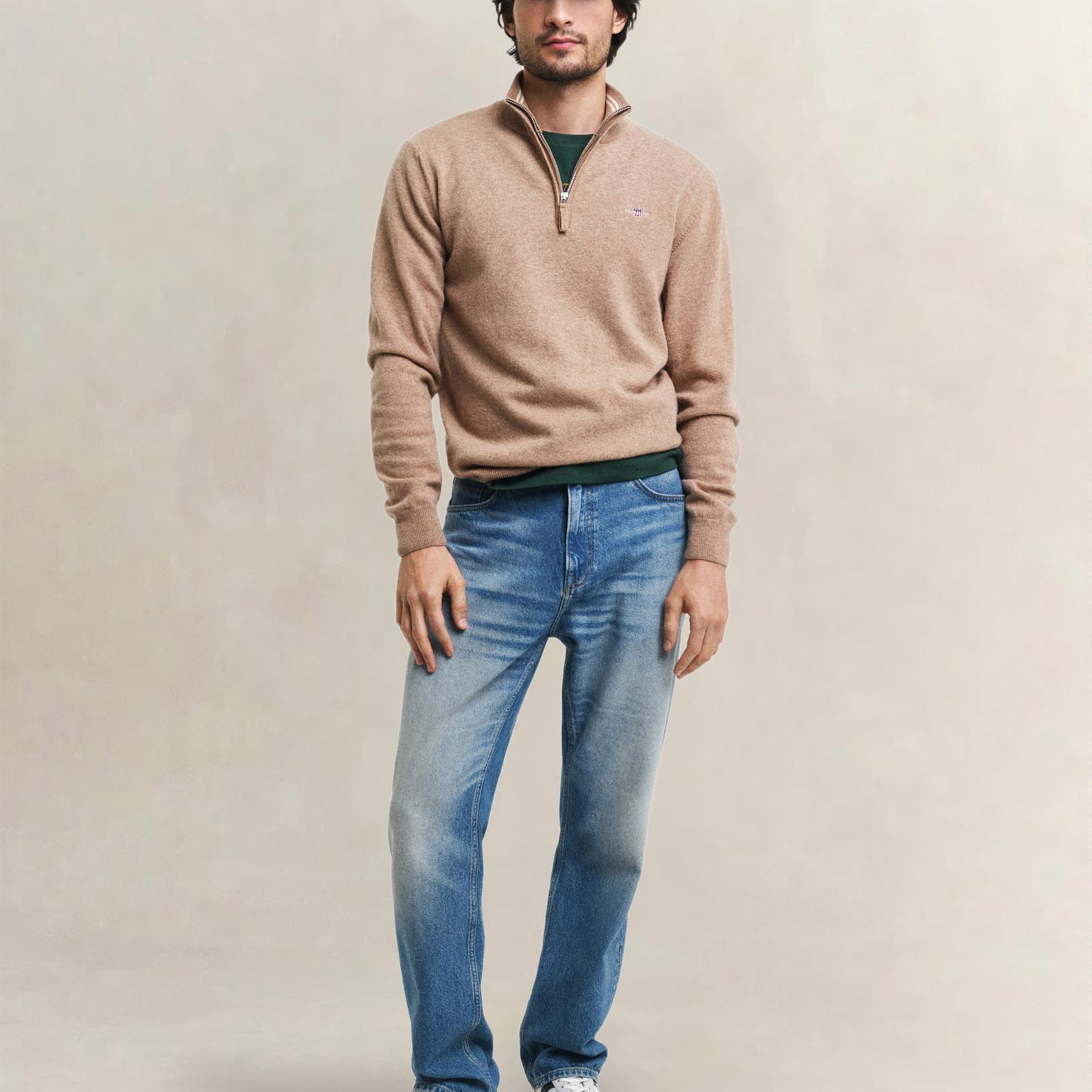 GANT Erkek Bej Regular Fit Yarım Fermuarlı Yün Kazak