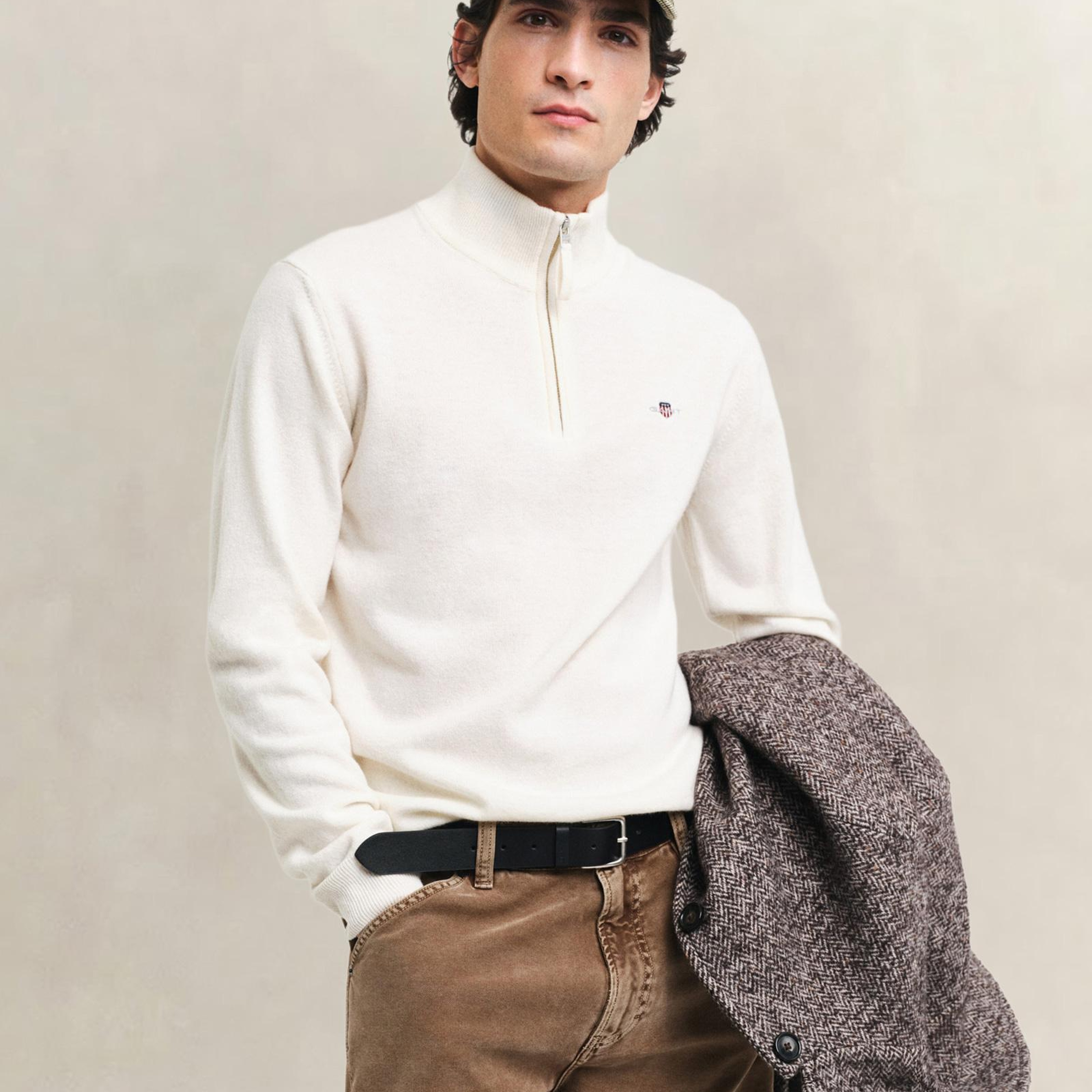 GANT Erkek Krem Regular Fit Yarım Fermuarlı Yün Kazak