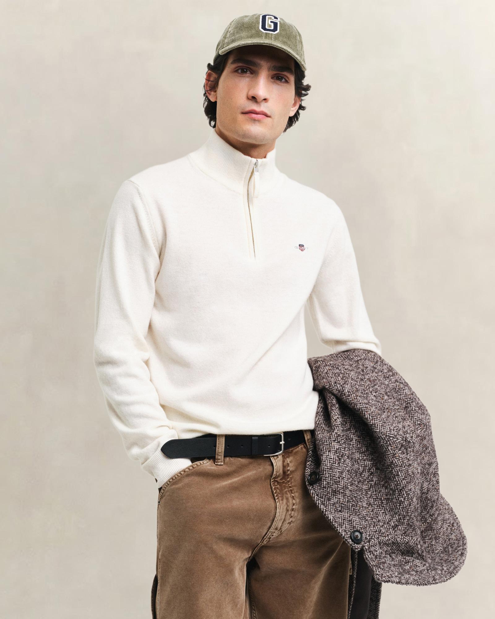GANT Erkek Krem Regular Fit Yarım Fermuarlı Yün Kazak