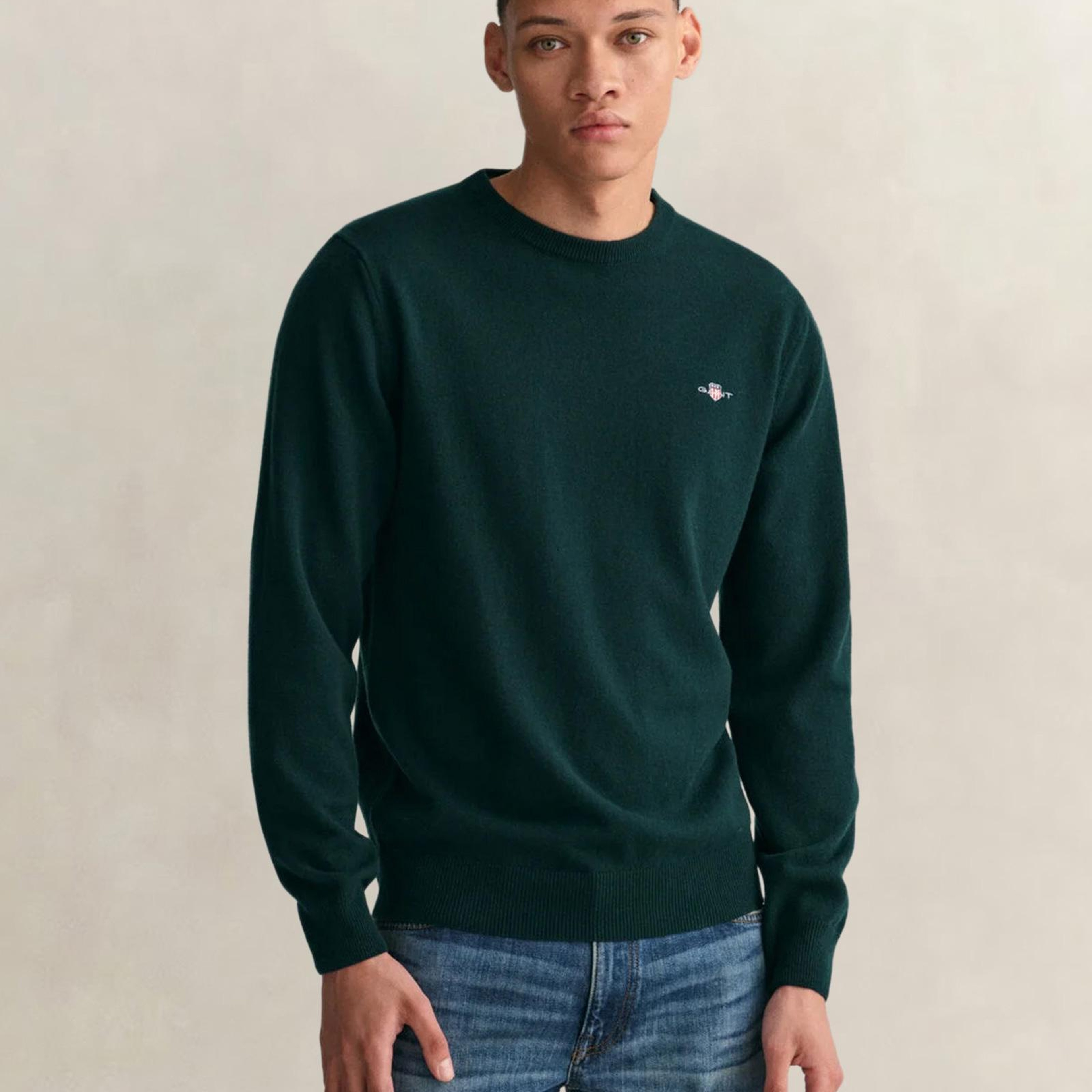 GANT Erkek Yeşil Regular Fit Bisiklet Yaka Yün Kazak
