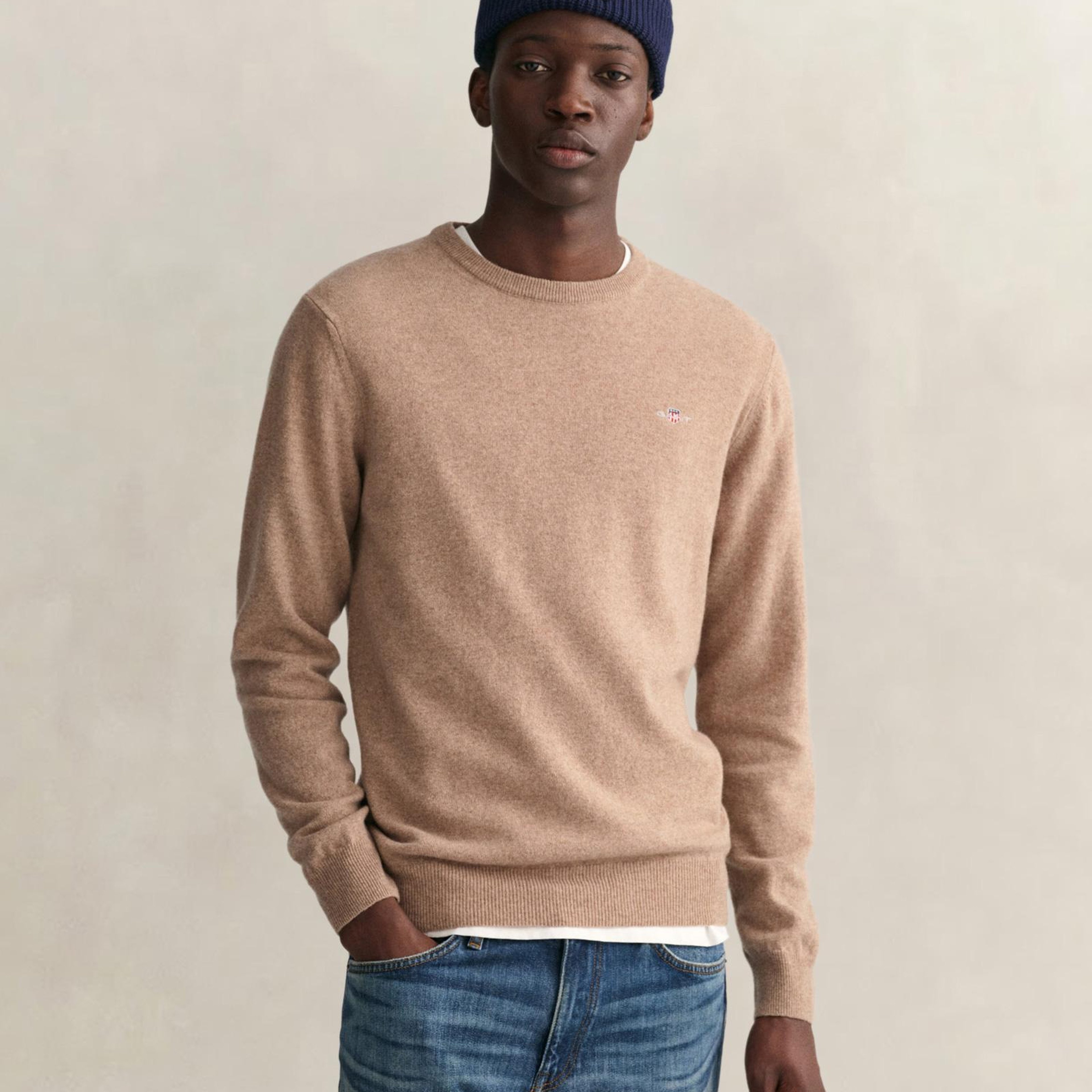 GANT Erkek Bej Regular Fit Bisiklet Yaka Yün Kazak