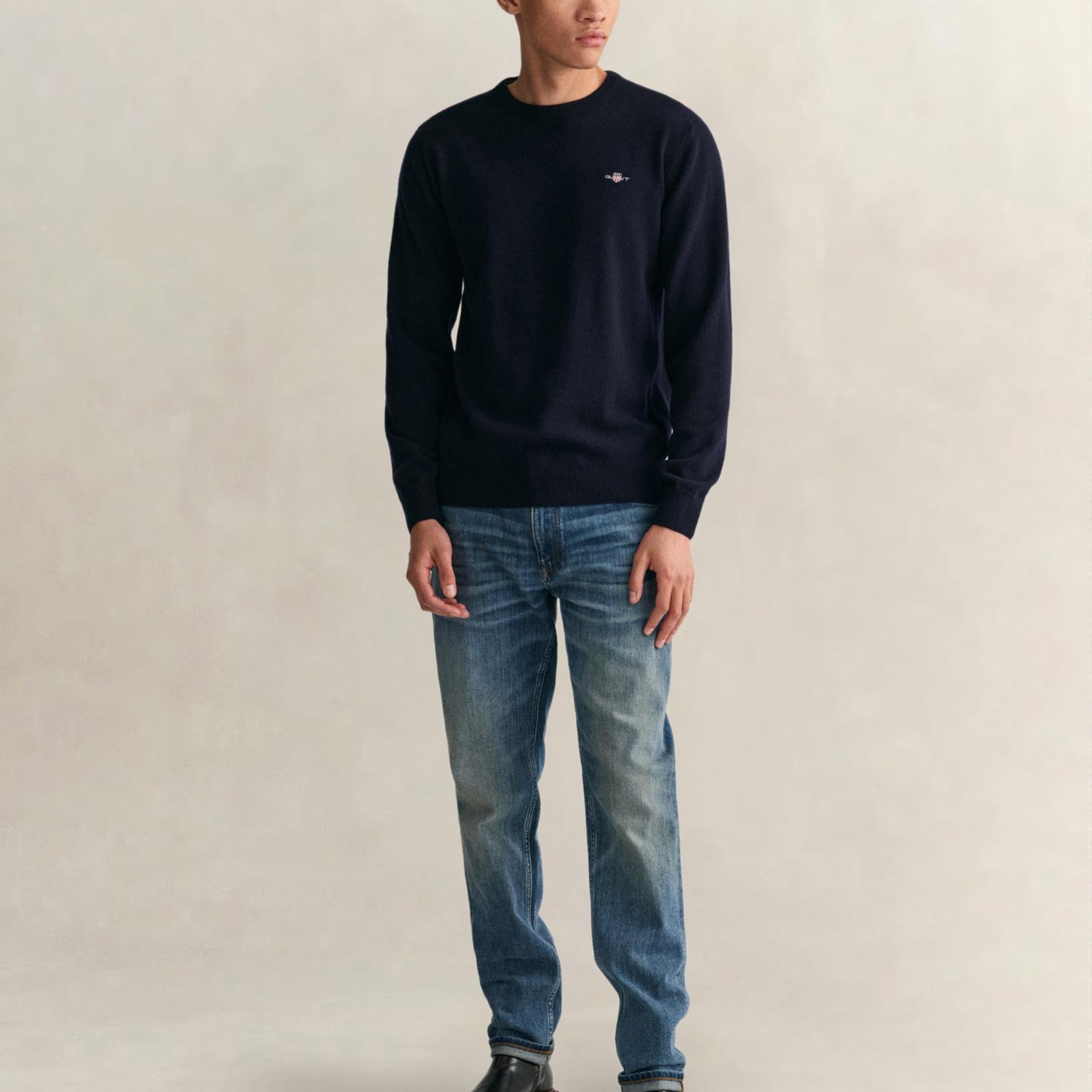 GANT Erkek Lacivert Regular Fit Bisiklet Yaka Yün Kazak