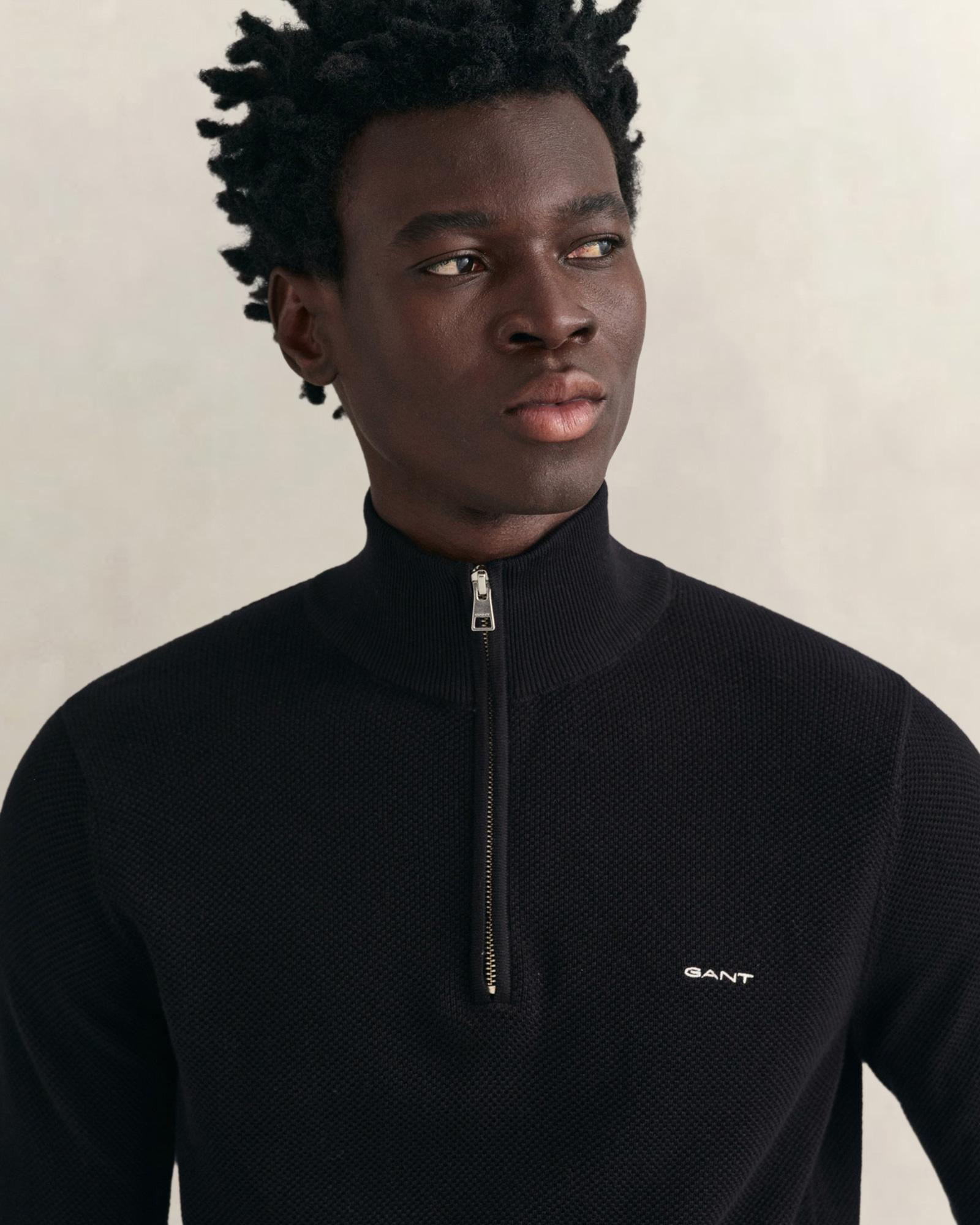 GANT Erkek Siyah Regular Fit Yarım Fermuarlı Kazak