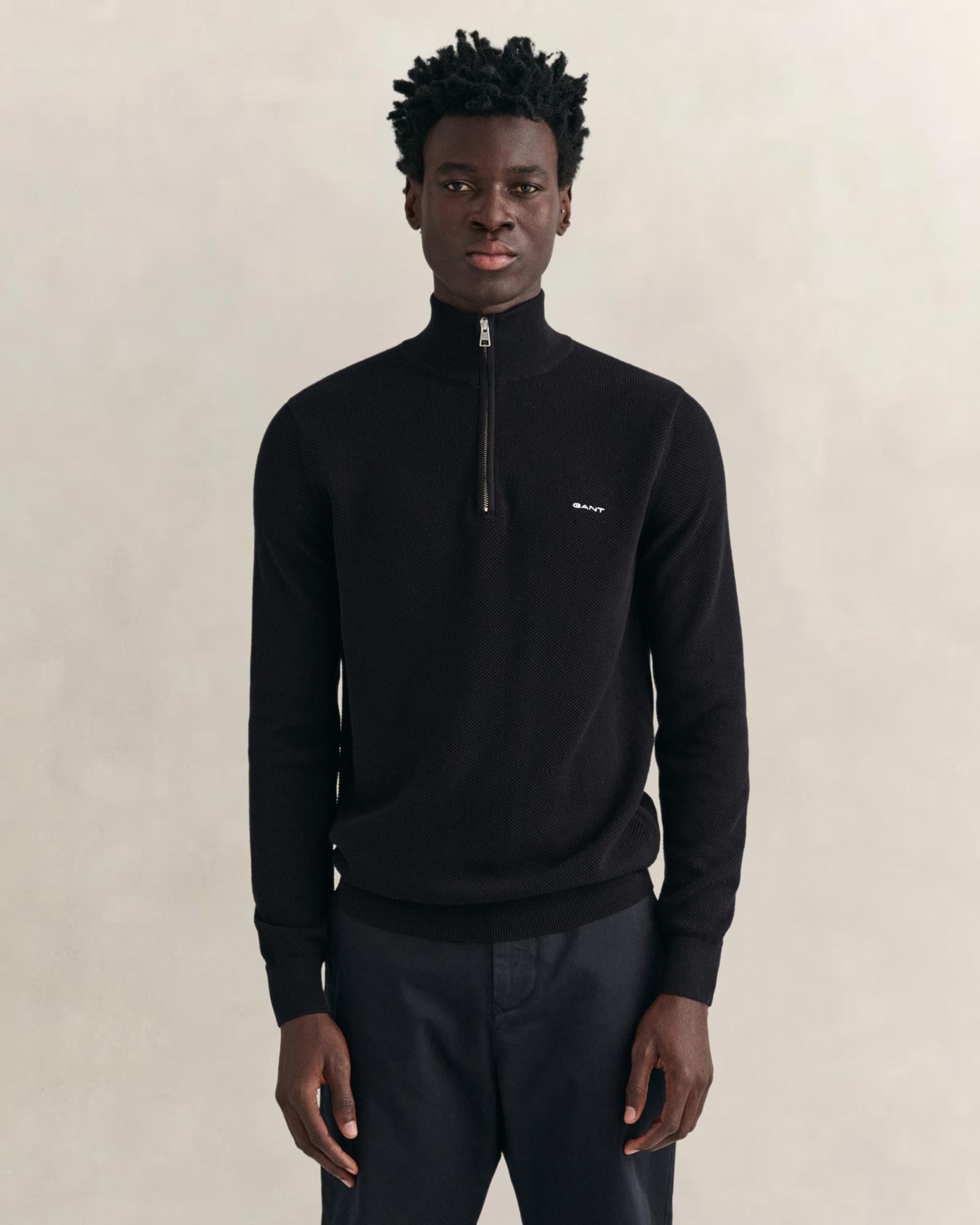 GANT Erkek Siyah Regular Fit Yarım Fermuarlı Kazak