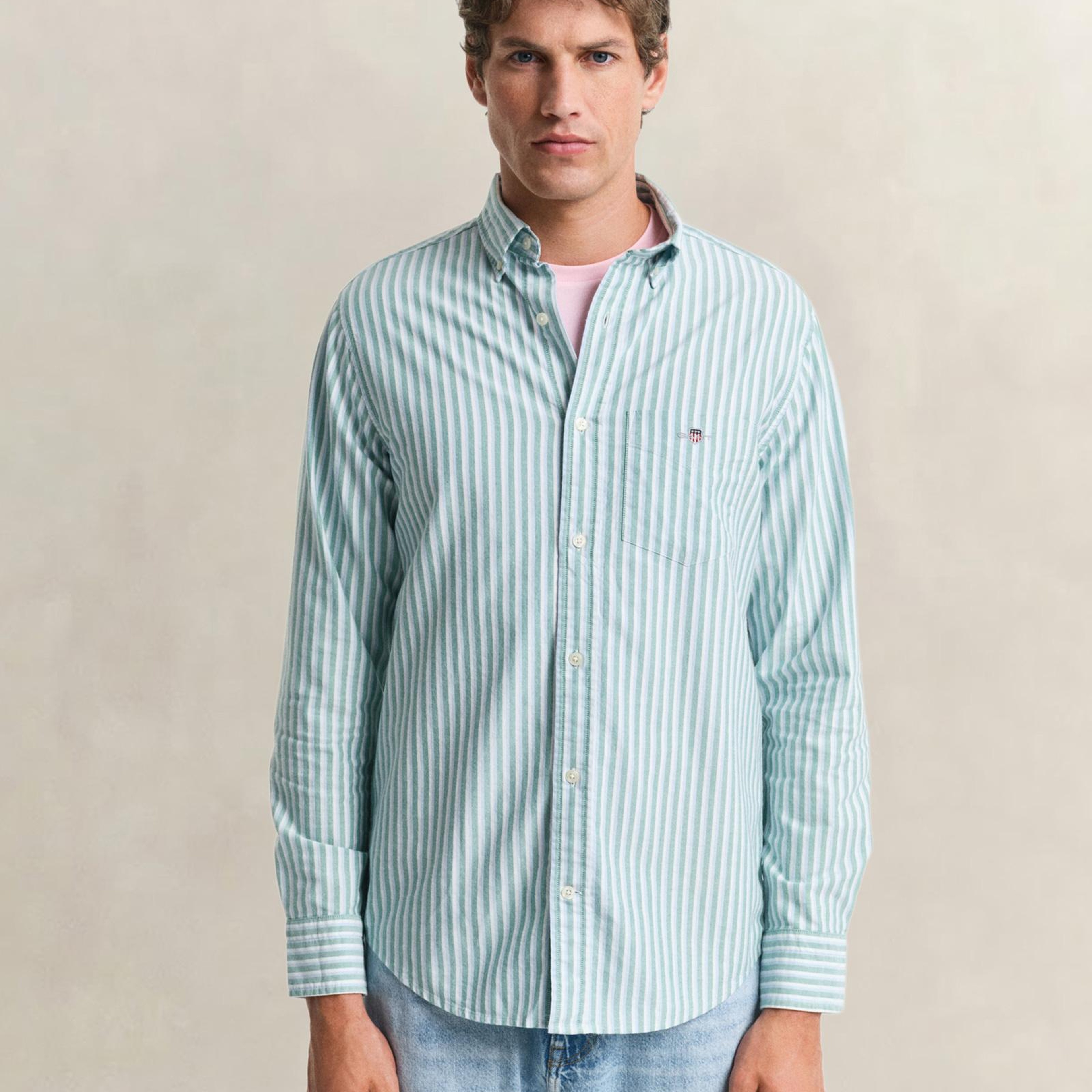 GANT Erkek Yeşil Regular Fit Çizgili Logolu Gömlek