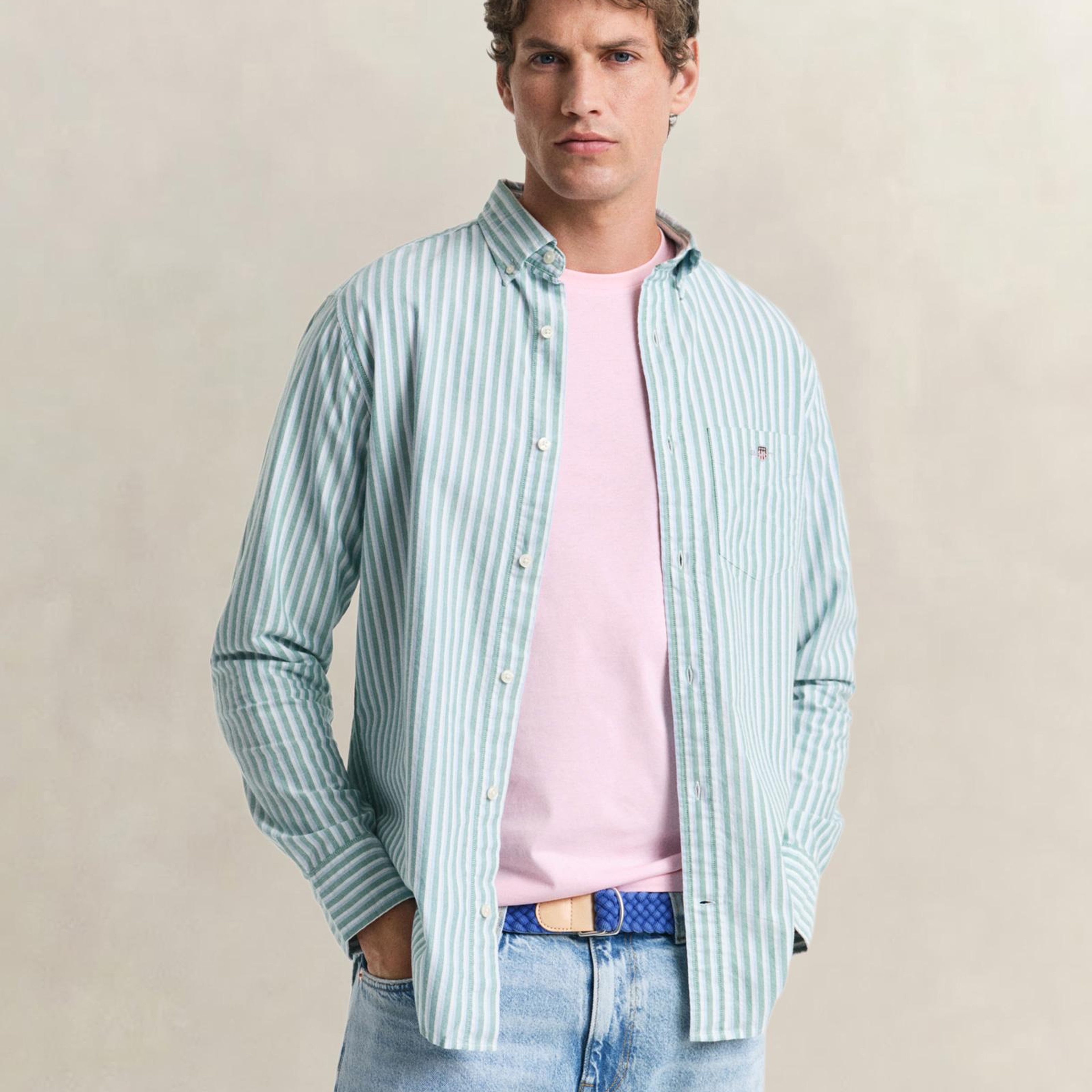 GANT Erkek Yeşil Regular Fit Çizgili Logolu Gömlek