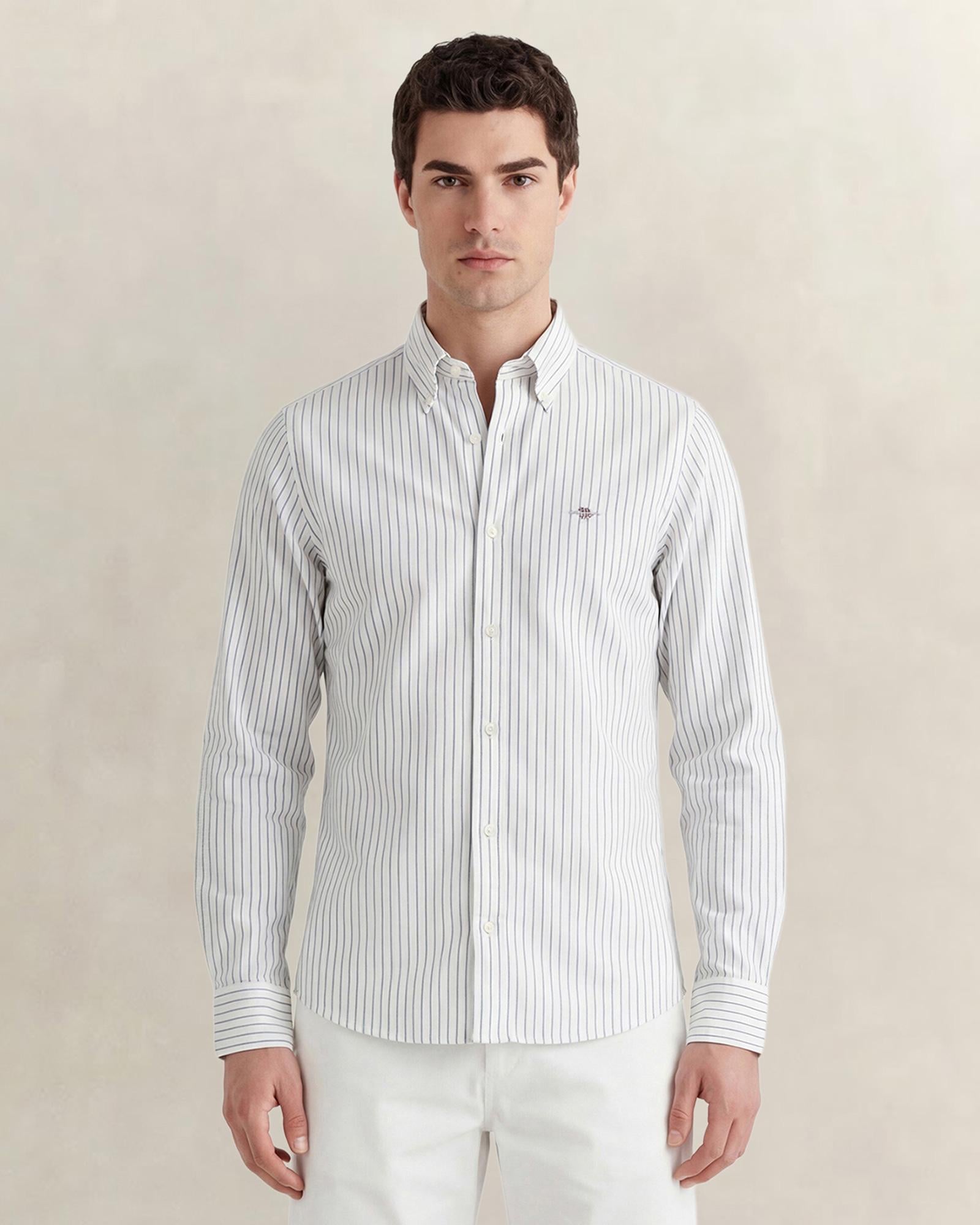GANT Erkek Beyaz Slim Fit Çizgili Logolu Gömlek