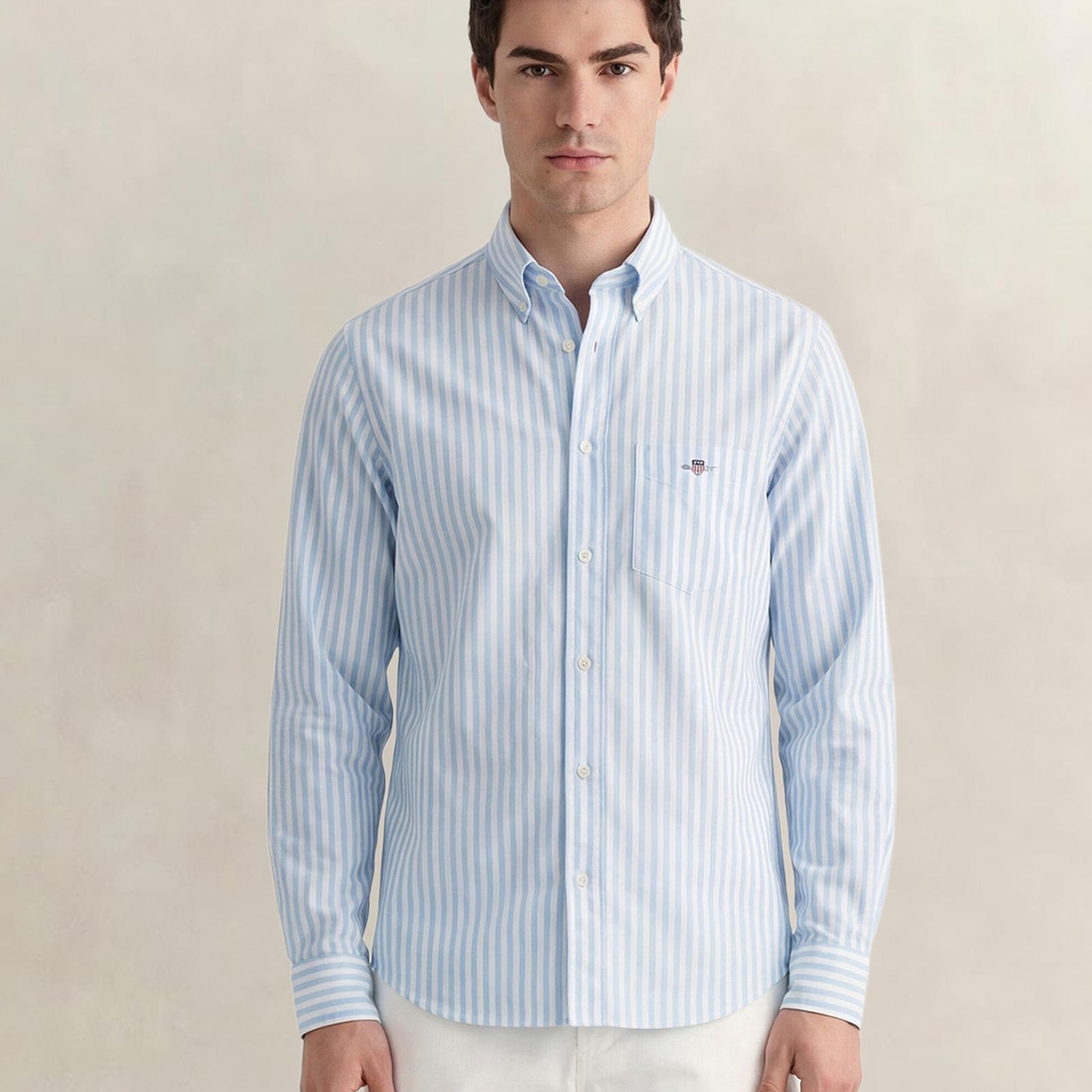 GANT Erkek Mavi Regular Fit Çizgili Logolu Gömlek