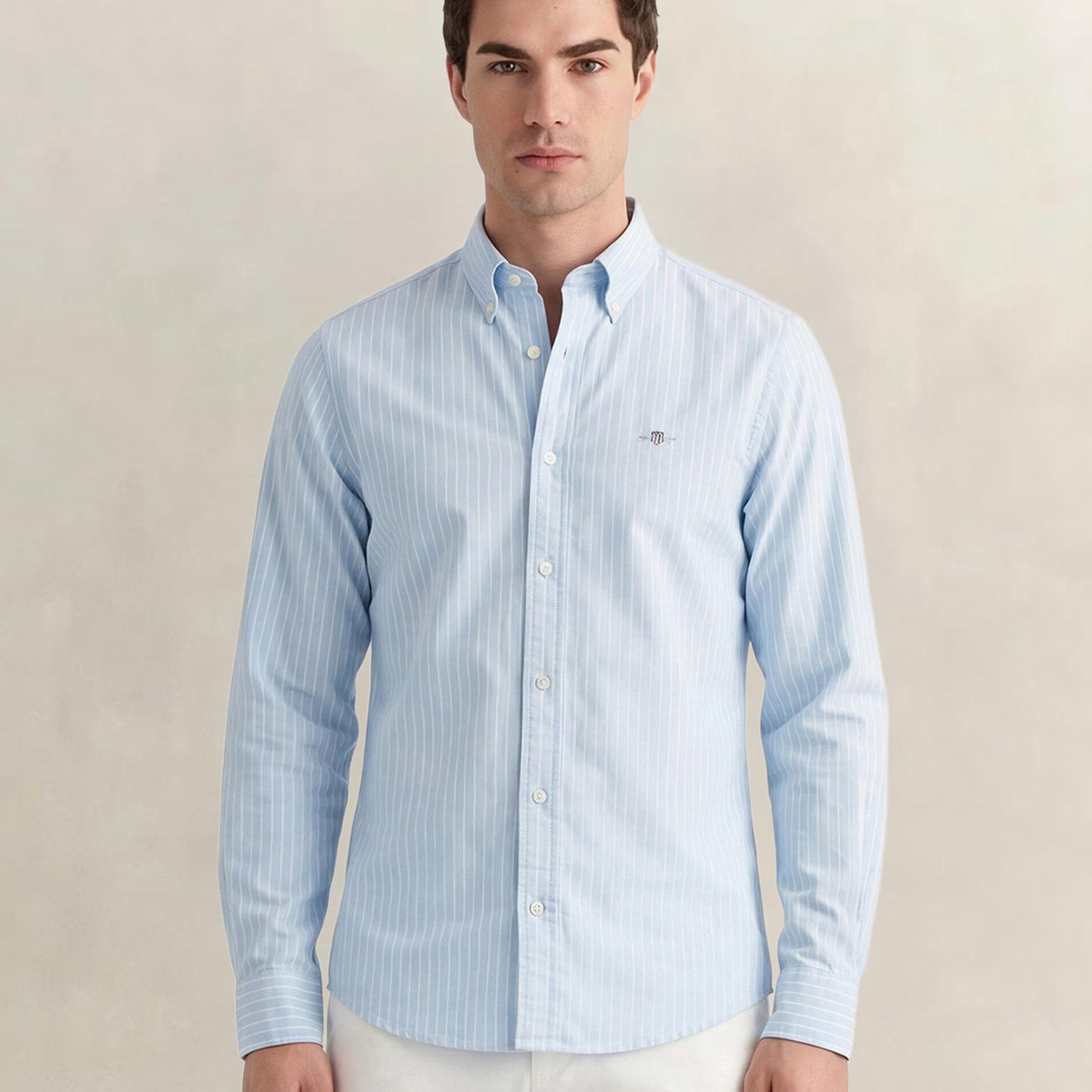 GANT Erkek Mavi Slim Fit Çizgili Logolu Gömlek