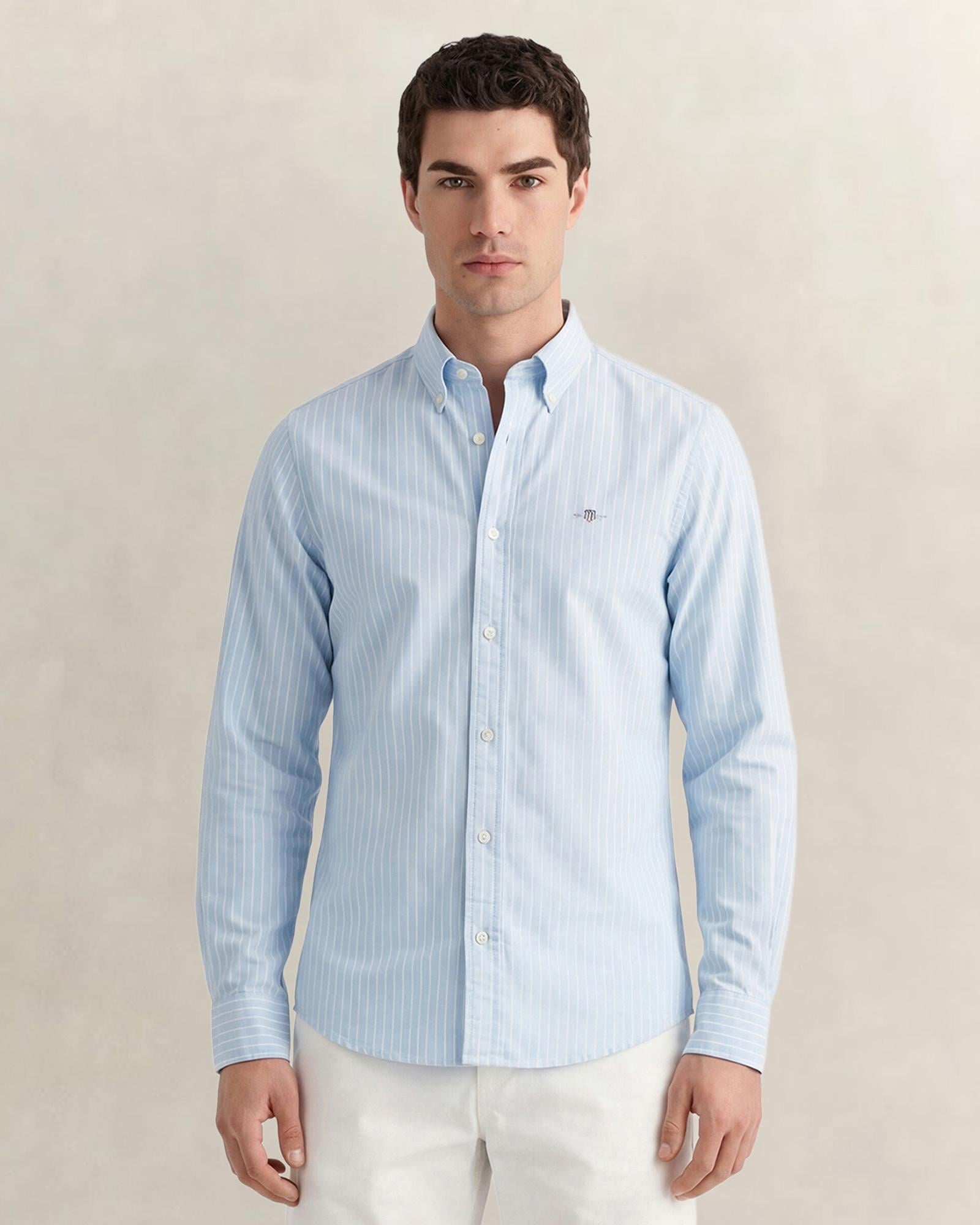 GANT Erkek Mavi Slim Fit Çizgili Logolu Gömlek