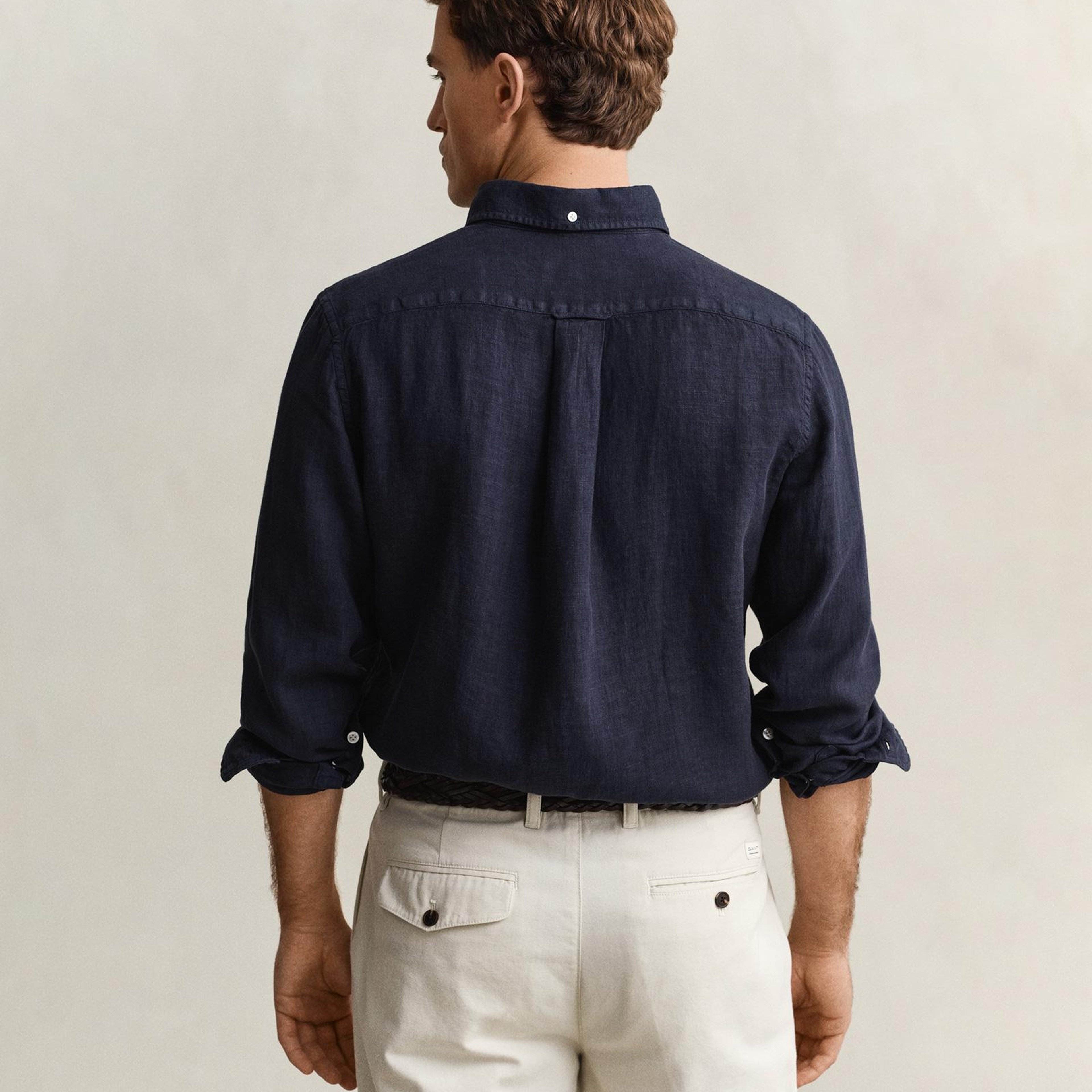 GANT Erkek Lacivert Regular Fit Düğmeli Yaka Keten Gömlek