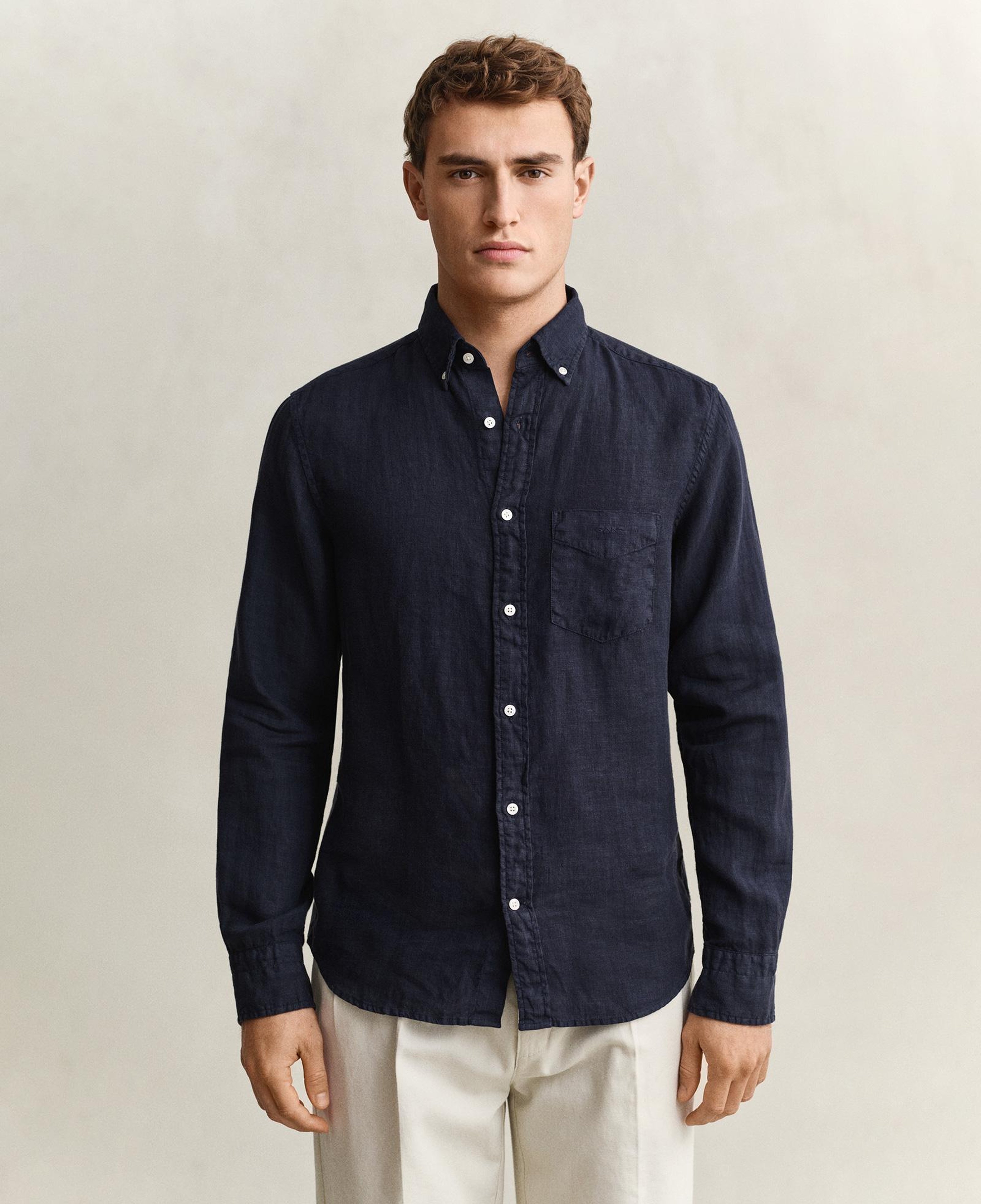 GANT Erkek Lacivert Regular Fit Düğmeli Yaka Keten Gömlek
