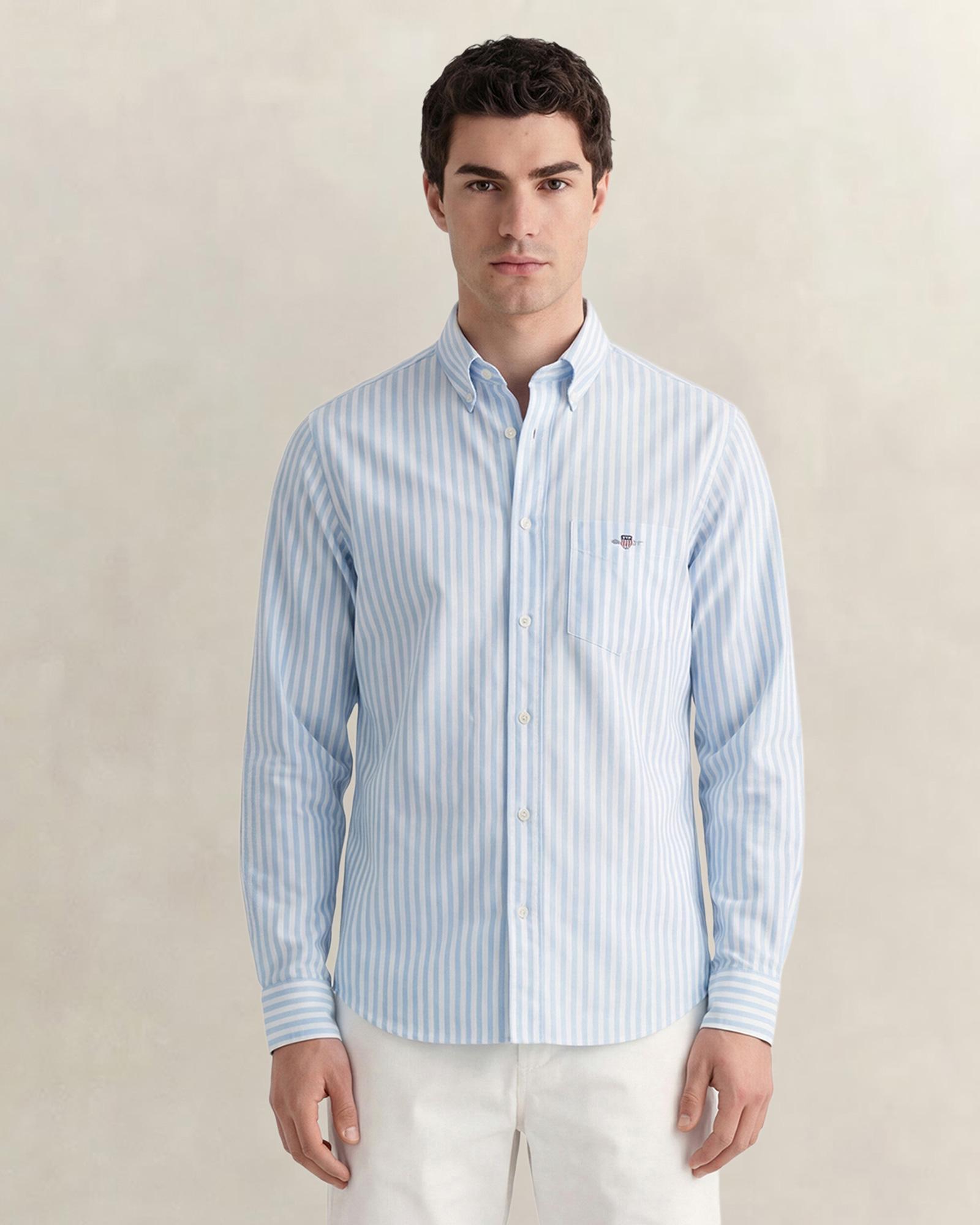 GANT Erkek Mavi Regular Fit Çizgili Logolu Gömlek