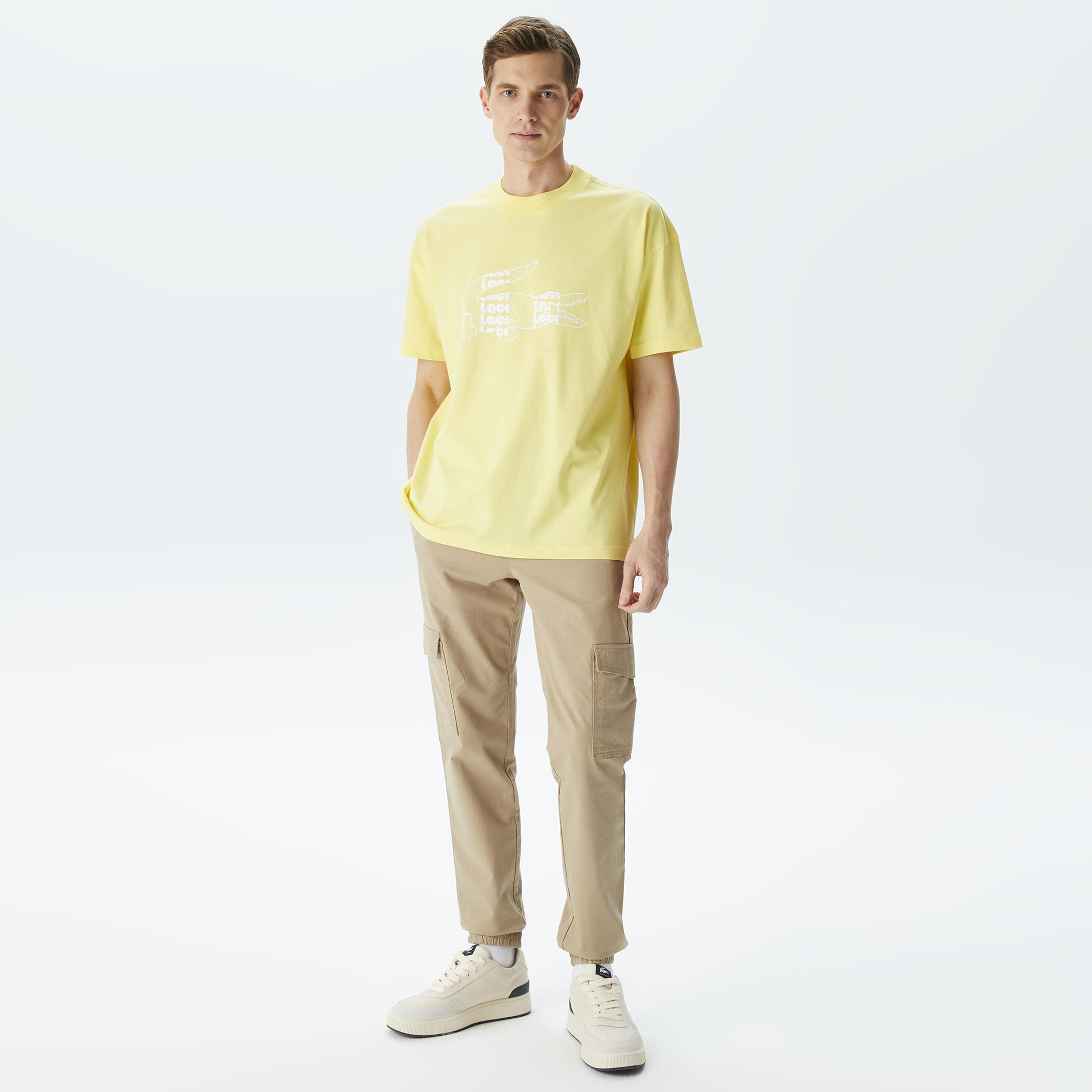 Erkek Oversize Fit Bisiklet Yaka Baskılı Sarı T-Shirt