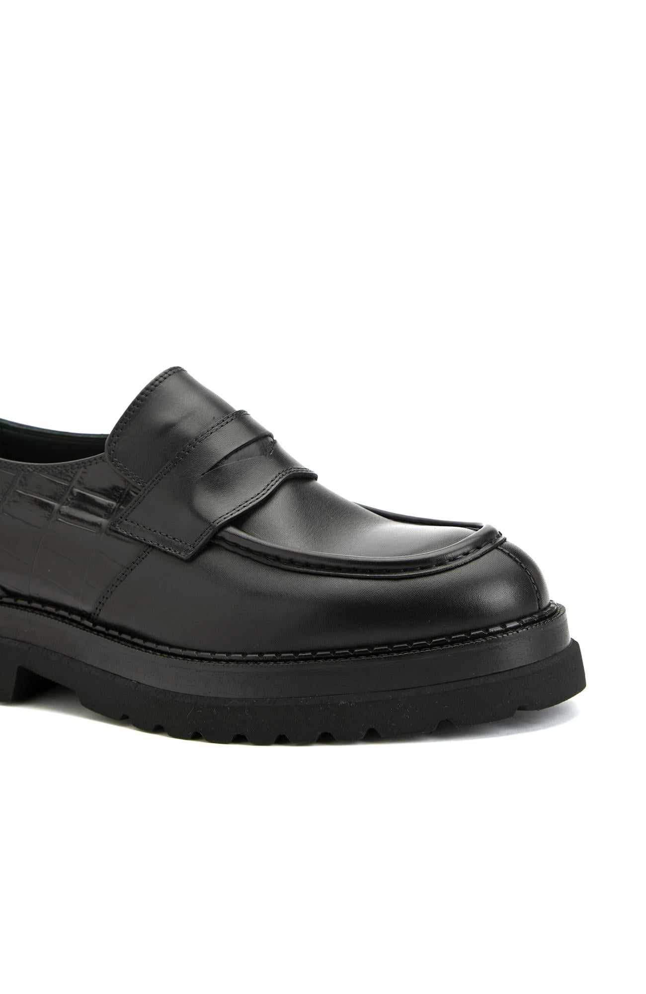 George Hogg Erkek Siyah Kroko Detaylı Deri Loafer