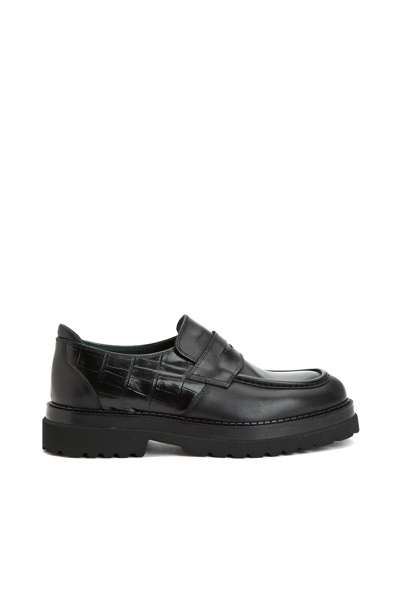 George Hogg Erkek Siyah Kroko Detaylı Deri Loafer