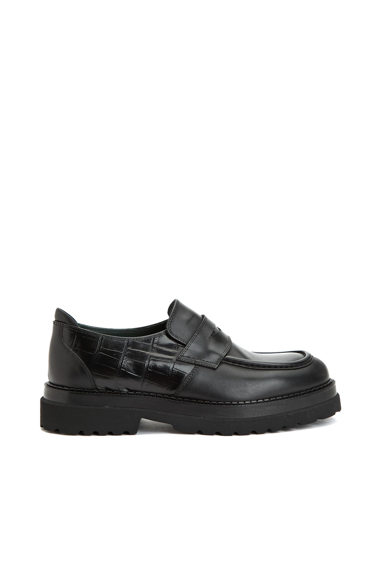 George Hogg Erkek Siyah Kroko Detaylı Deri Loafer