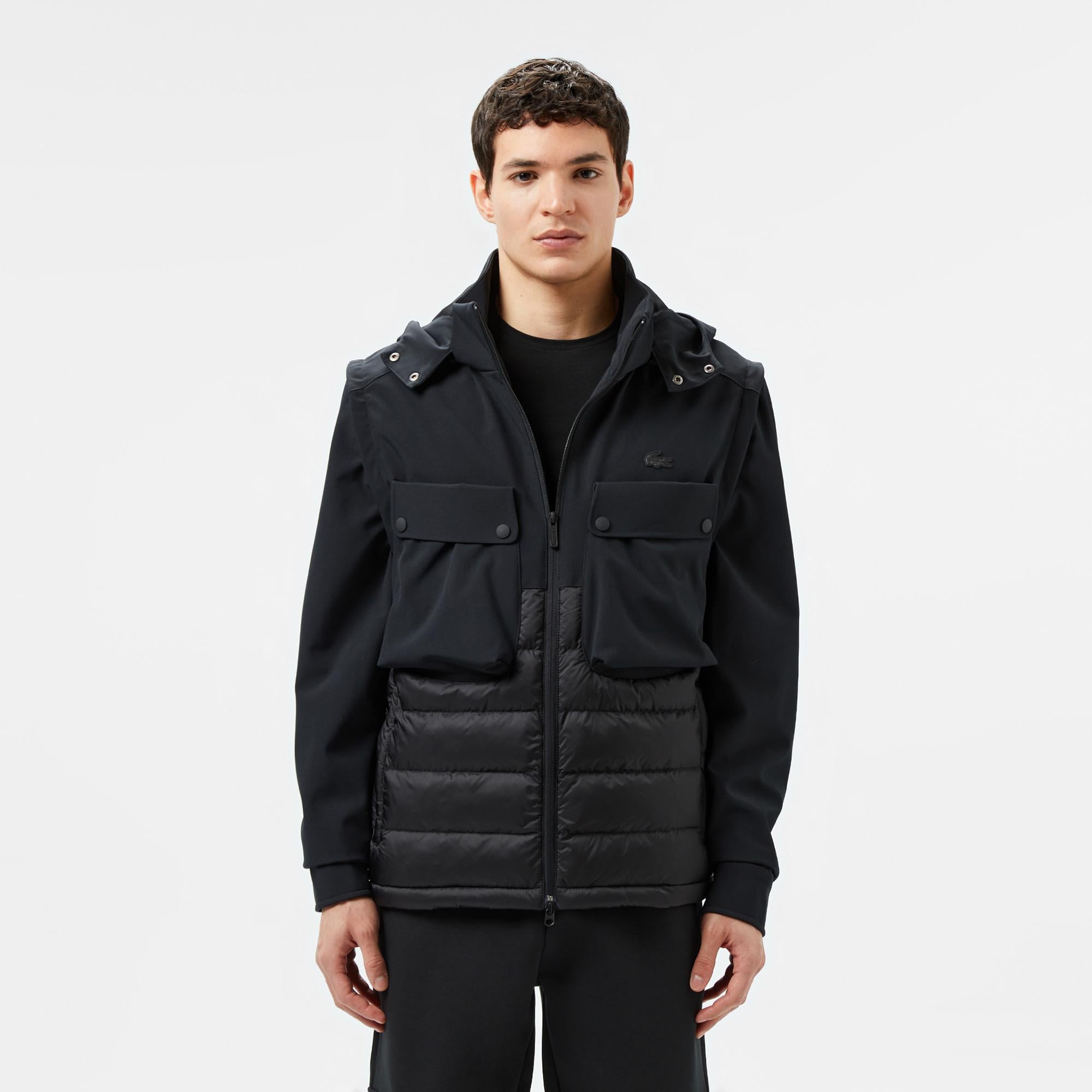 Erkek Regular Fit Kapüşonlu Baskılı Siyah Mont