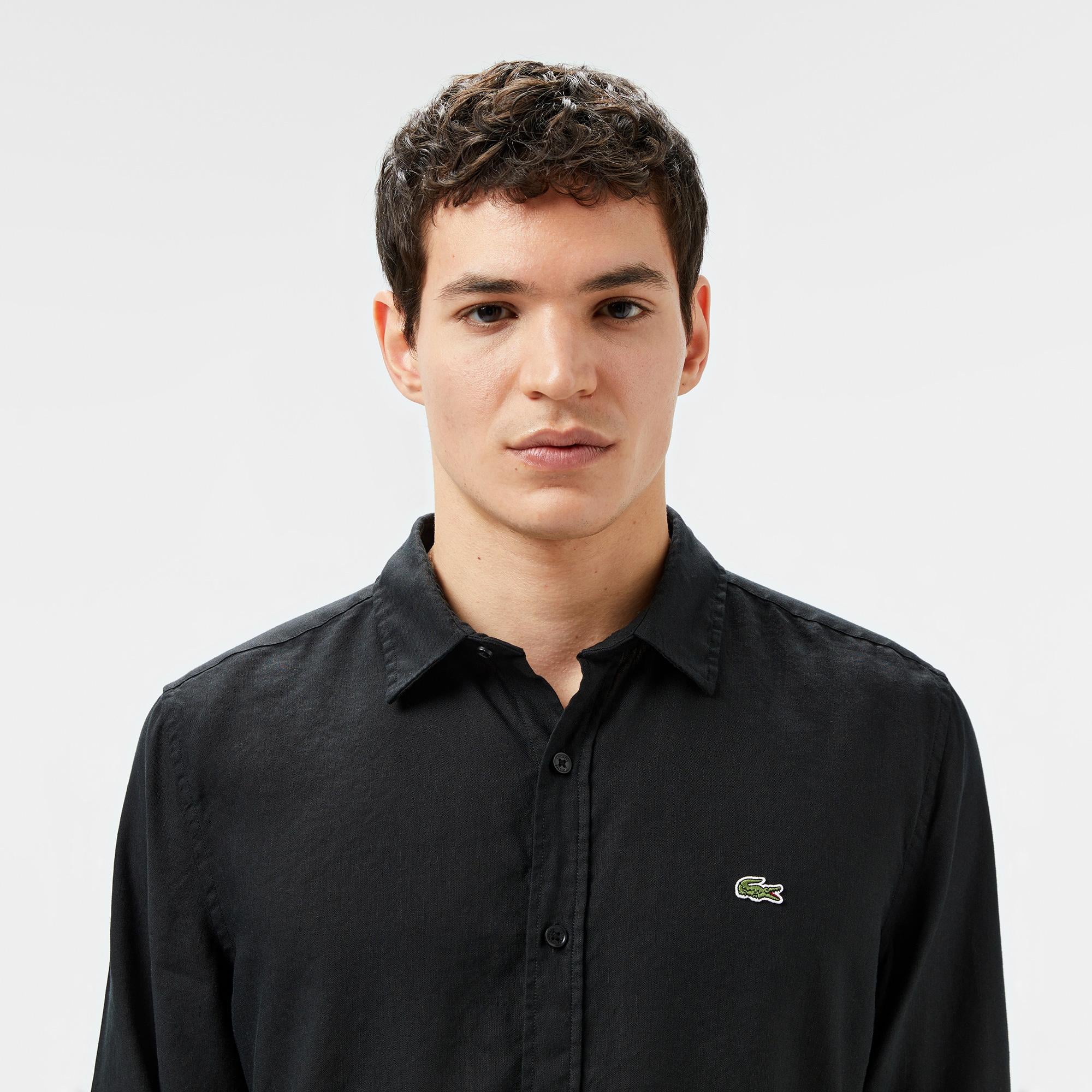 Erkek Slim Fit Keten Siyah Gömlek