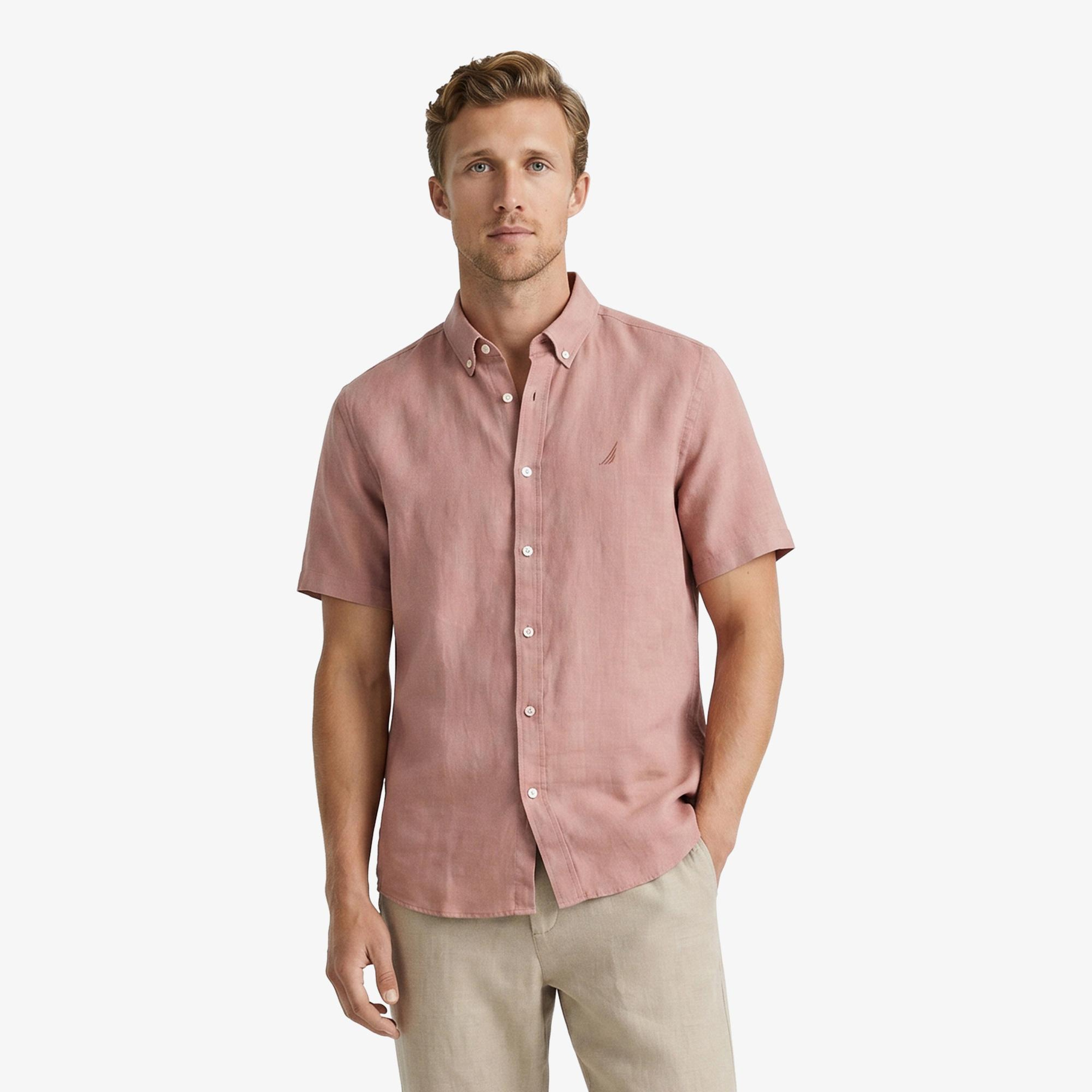 Nautica Erkek Kırmızı Regular Fit Kısa Kollu Keten Gömlek