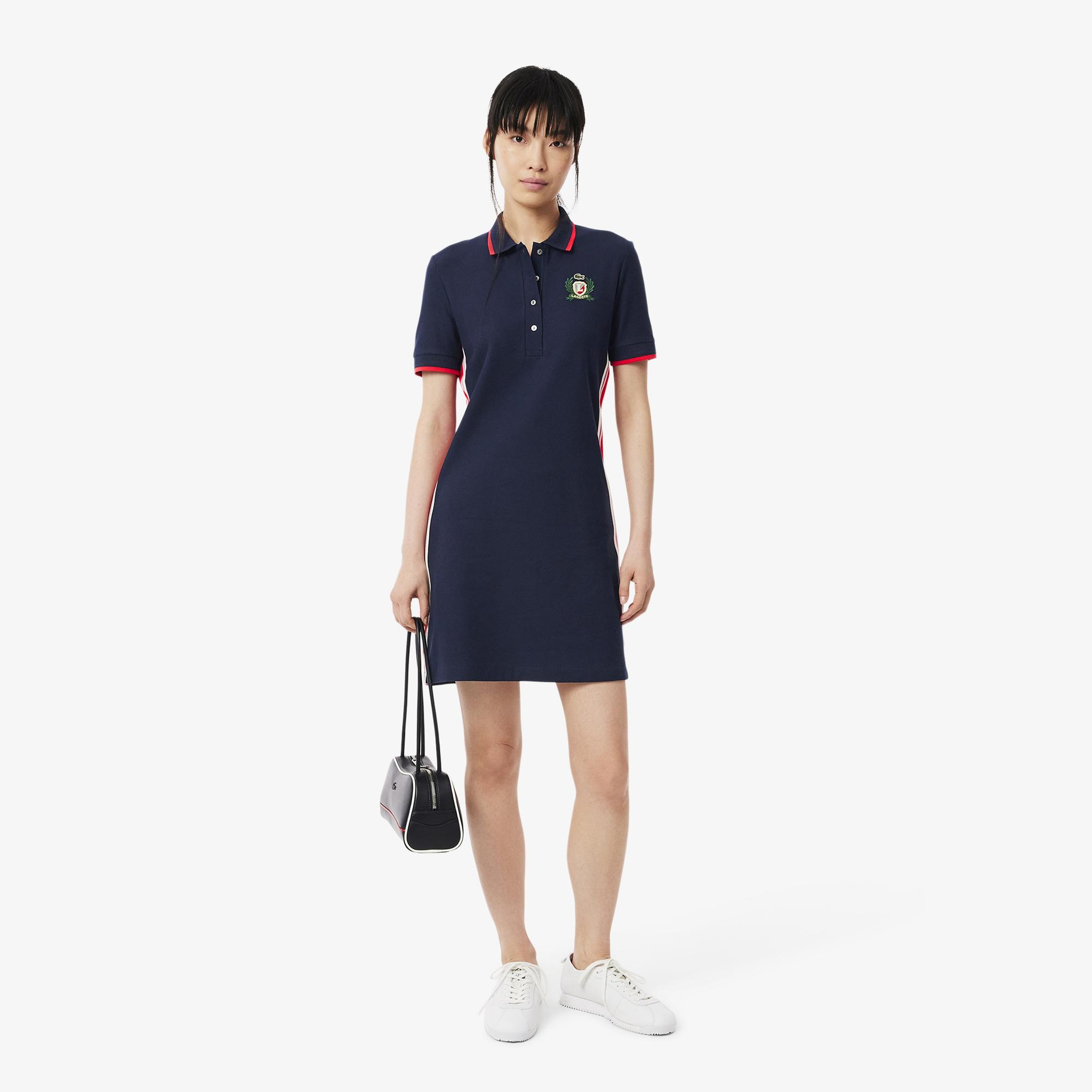 Kadın Slim Fit Kısa Kollu Polo Yaka Renk Bloklu Lacivert Elbise