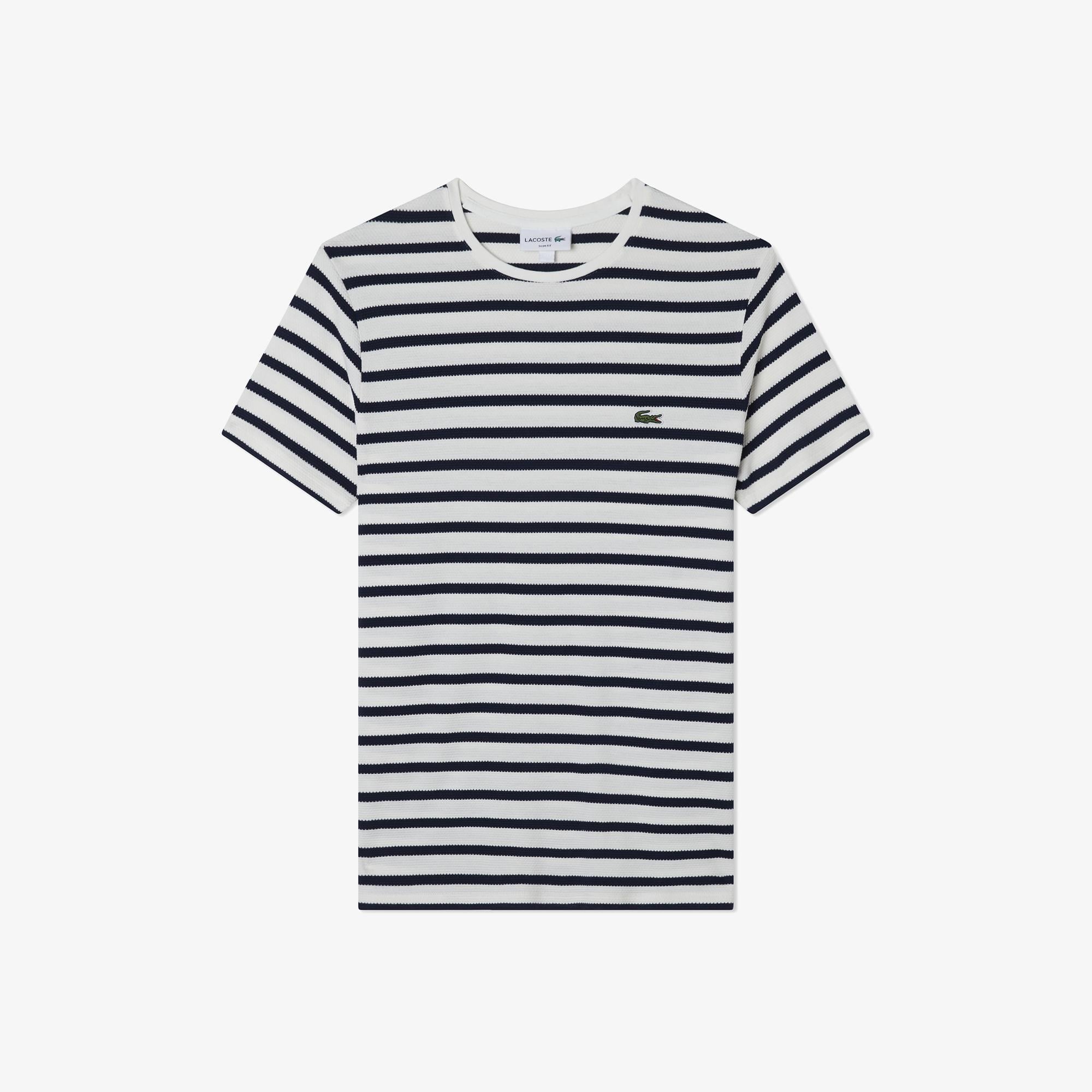 Erkek Slim Fit Bisiklet Yaka Çizgili Beyaz T-Shirt