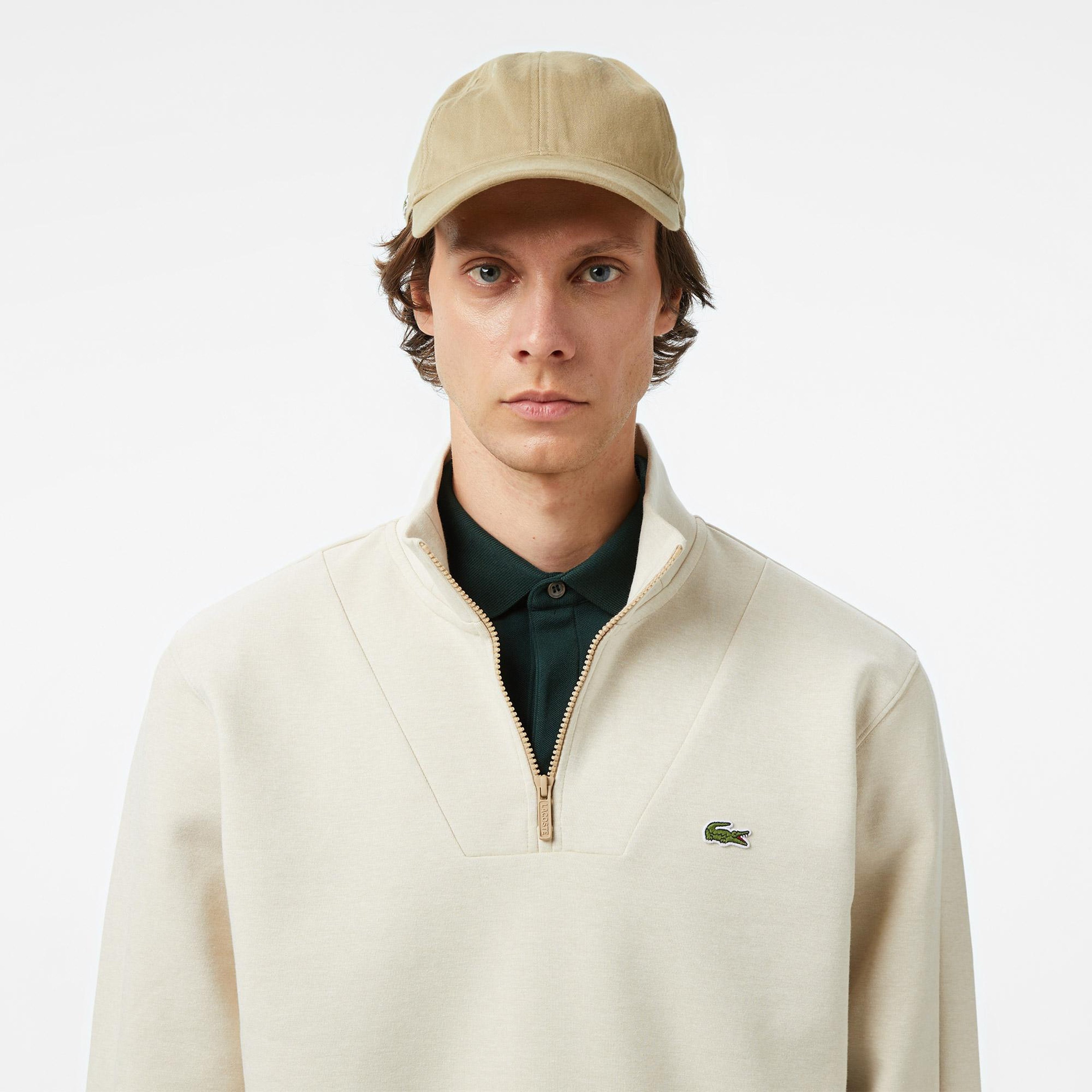 Erkek Classic Fit Yarım Fermuarlı Krem Sweatshirt