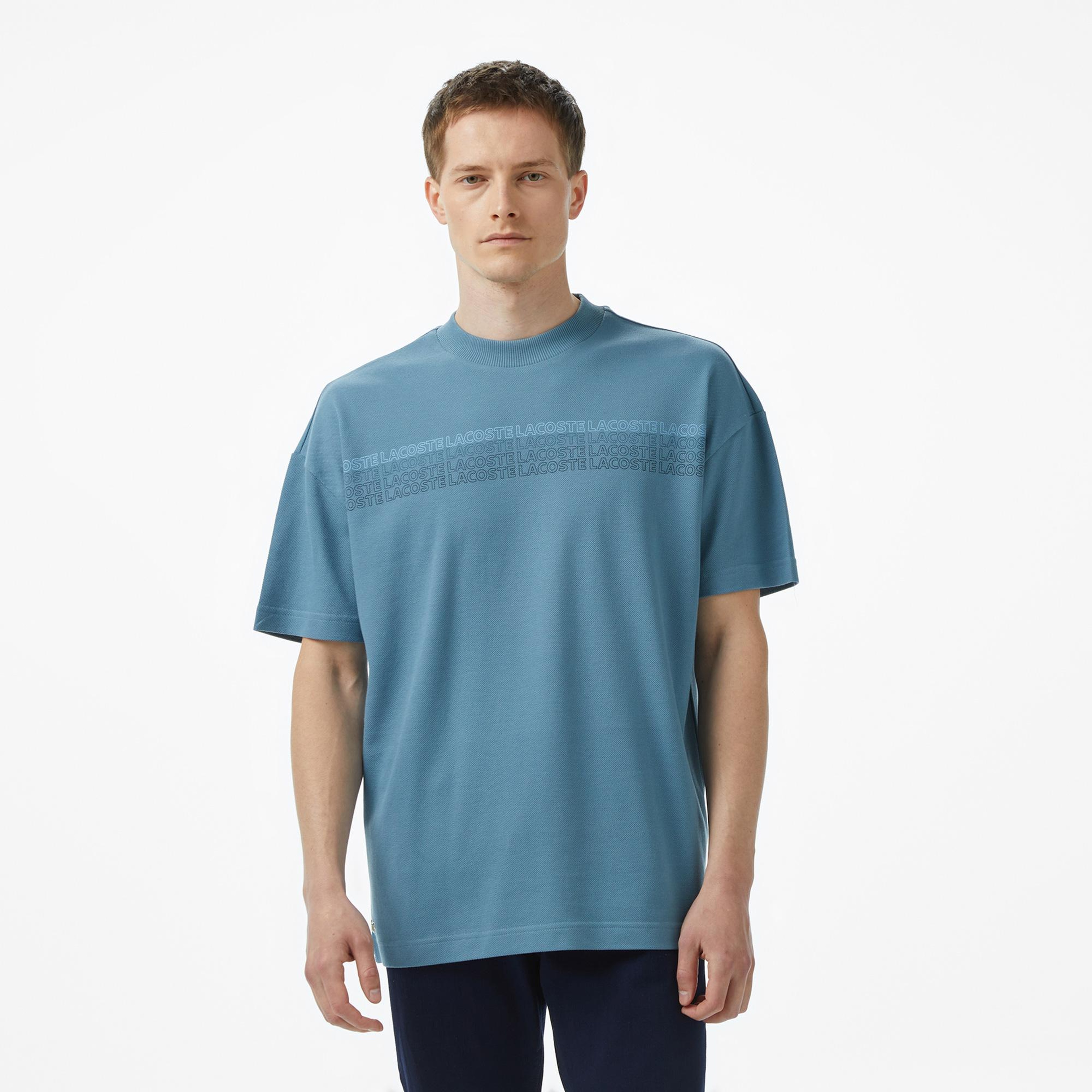 Erkek Oversize Fit Bisiklet Yaka Baskılı Mavi T-Shirt