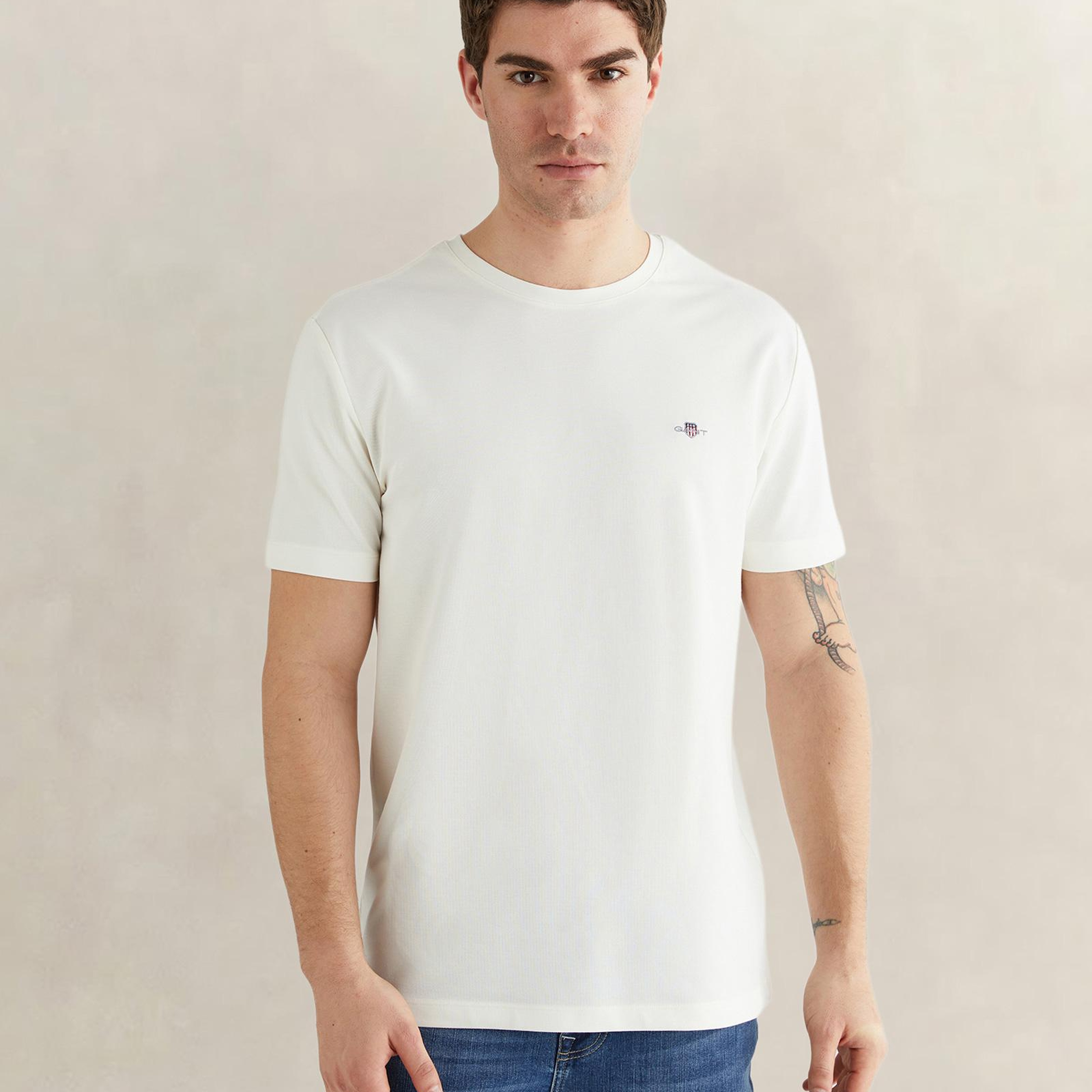 GANT Erkek Beyaz Bisiklet Yaka Regular Fit Logolu T-Shirt