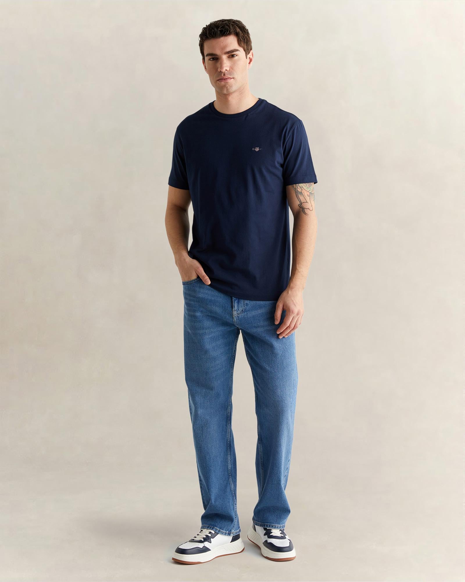 GANT Erkek Lacivert Bisiklet Yaka Regular Fit Logolu T-Shirt