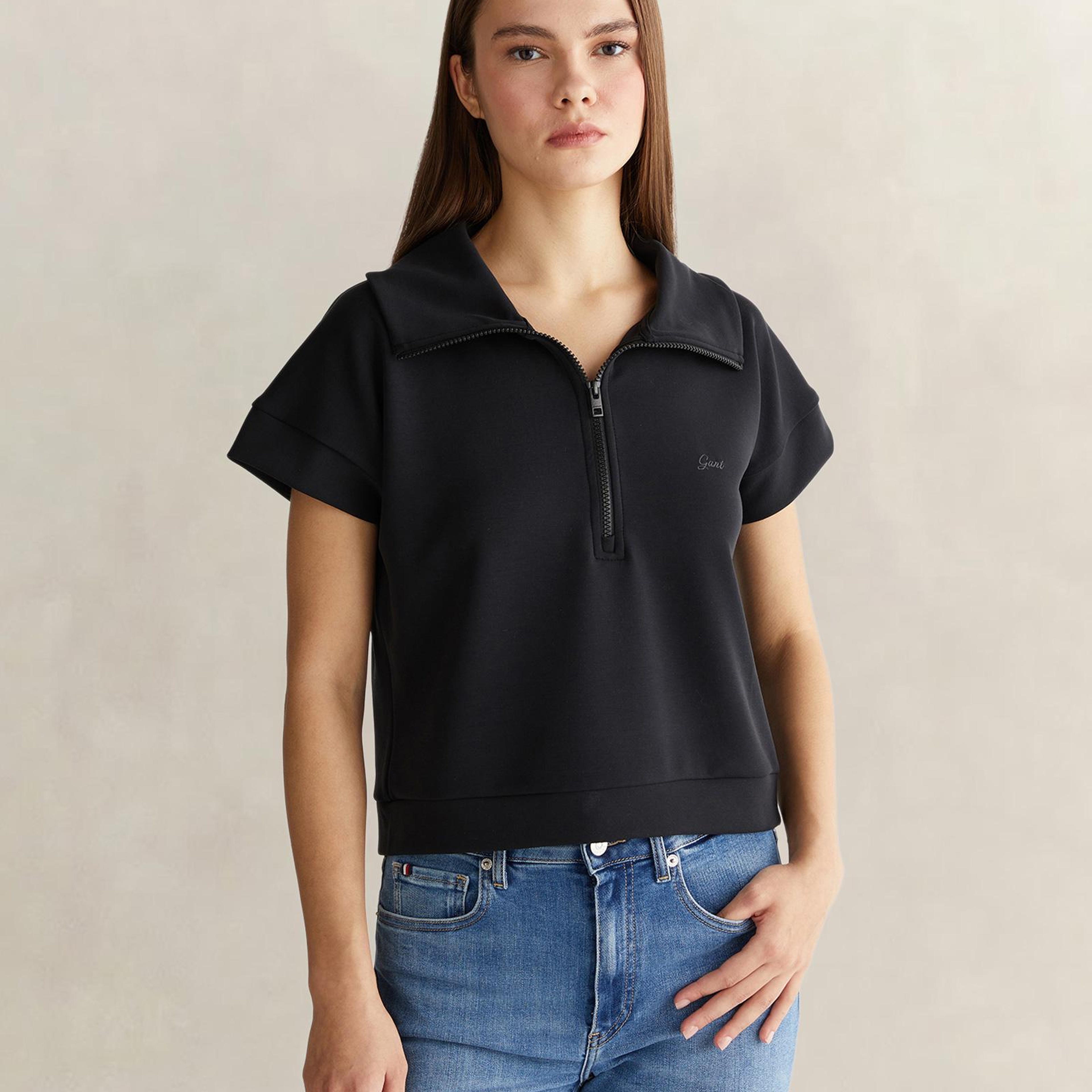 GANT Kadın Siyah Relaxed Fit Yarım Fermuarlı Sweatshirt