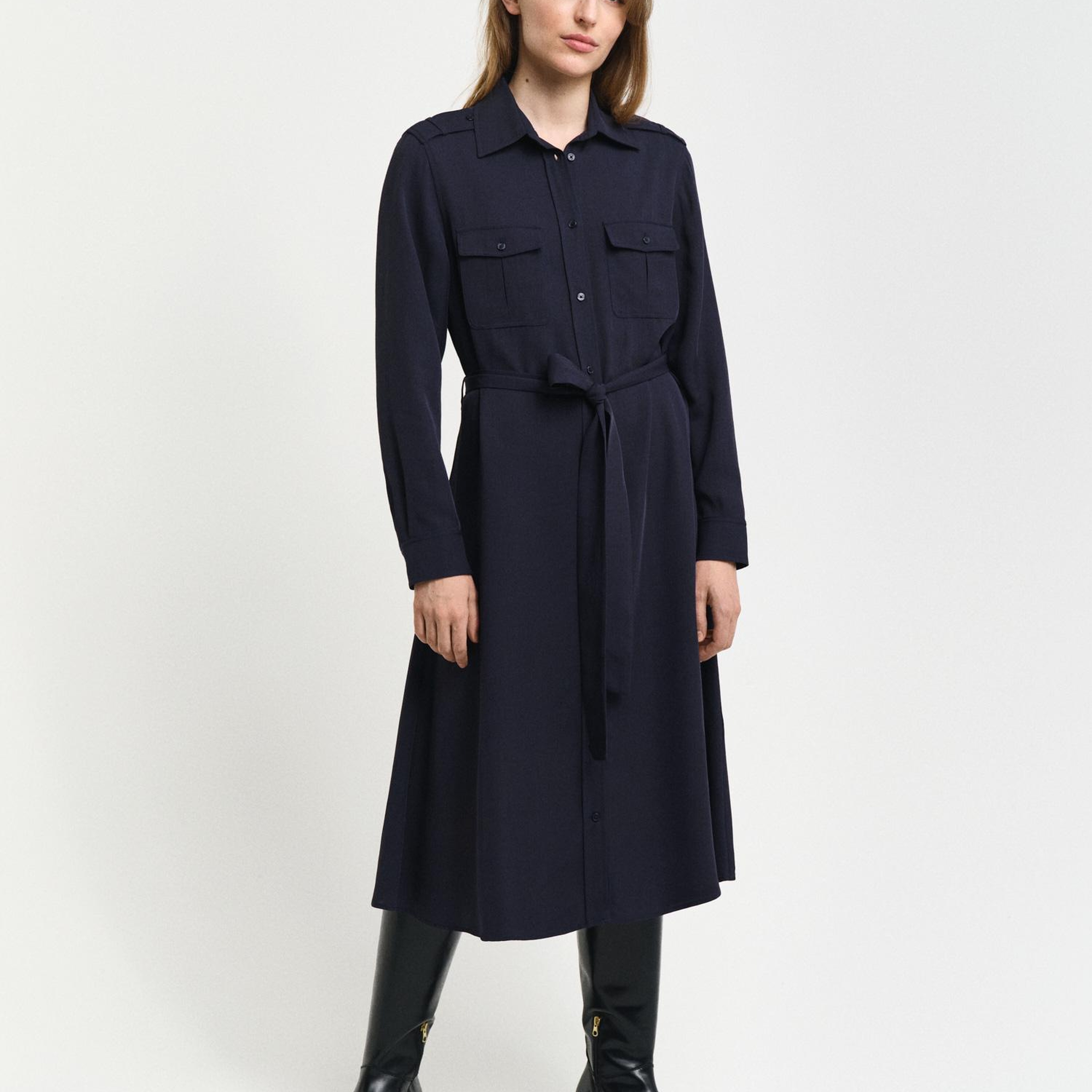 GANT Kadın Lacivert Regular Fit Düğmeli Yaka Elbise