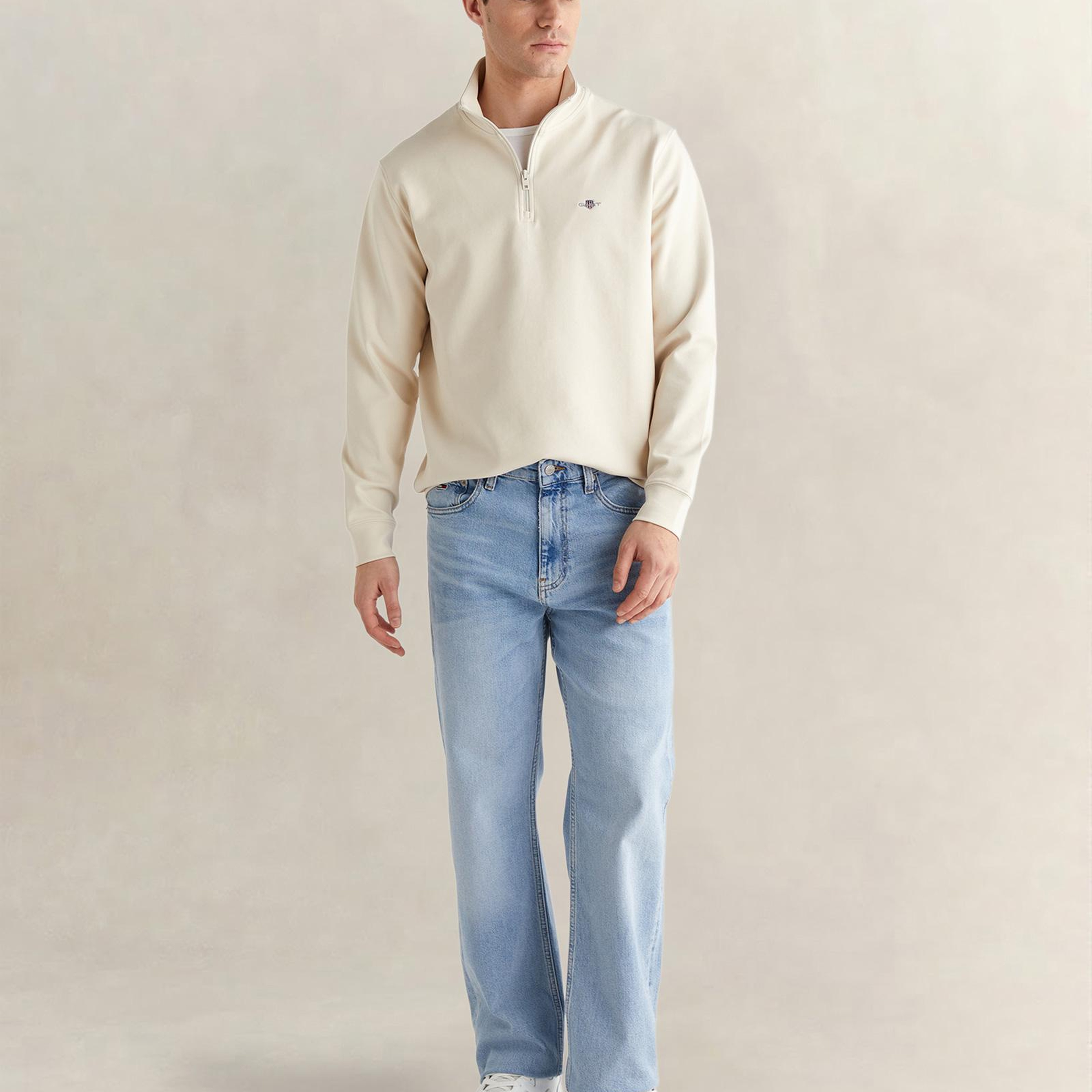 GANT Erkek Bej Relaxed Fit Yarım Fermuarlı Logolu Sweatshirt