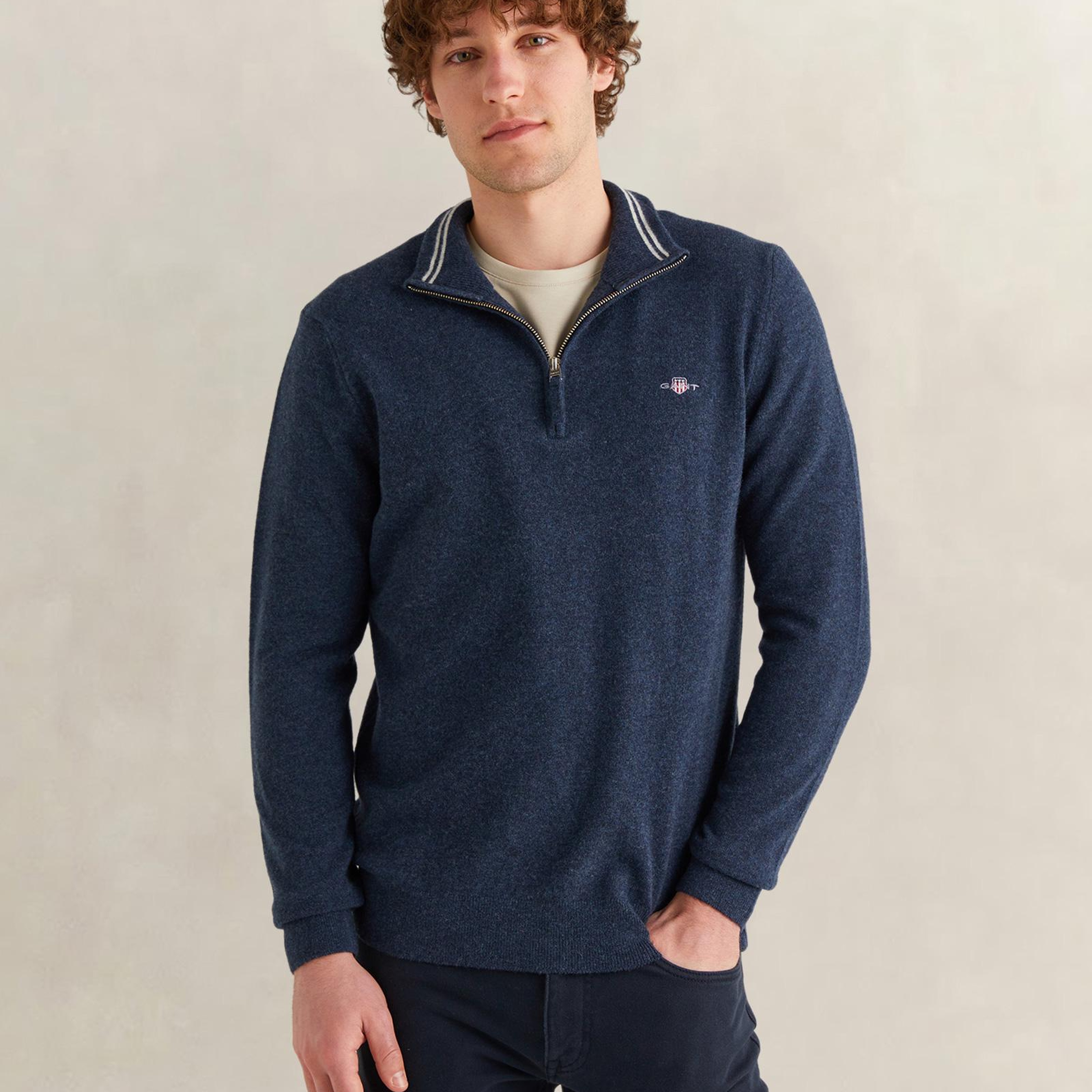GANT Erkek Lacivert Regular Fit Yarım Fermuarlı Yün Kazak