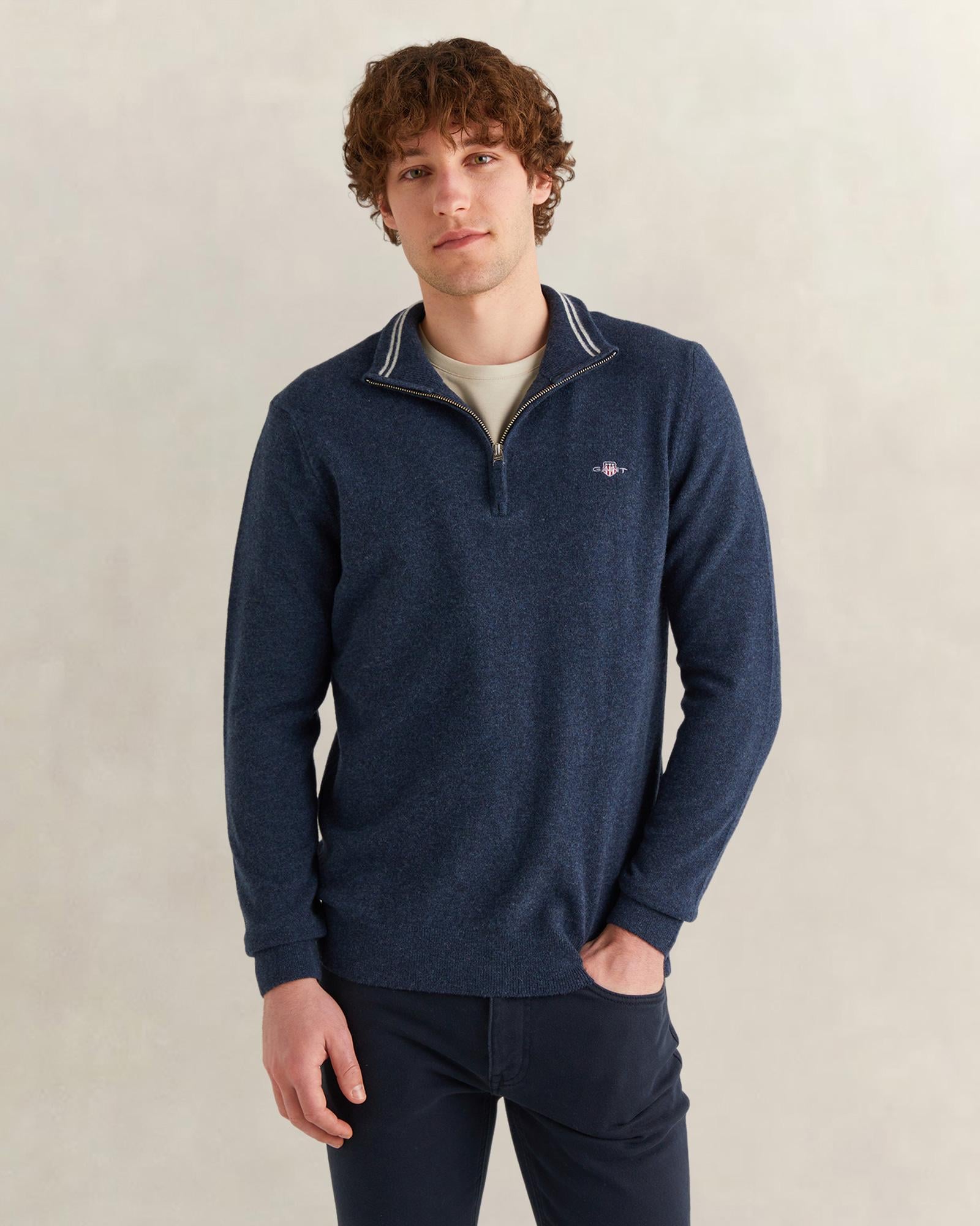 GANT Erkek Lacivert Regular Fit Yarım Fermuarlı Yün Kazak