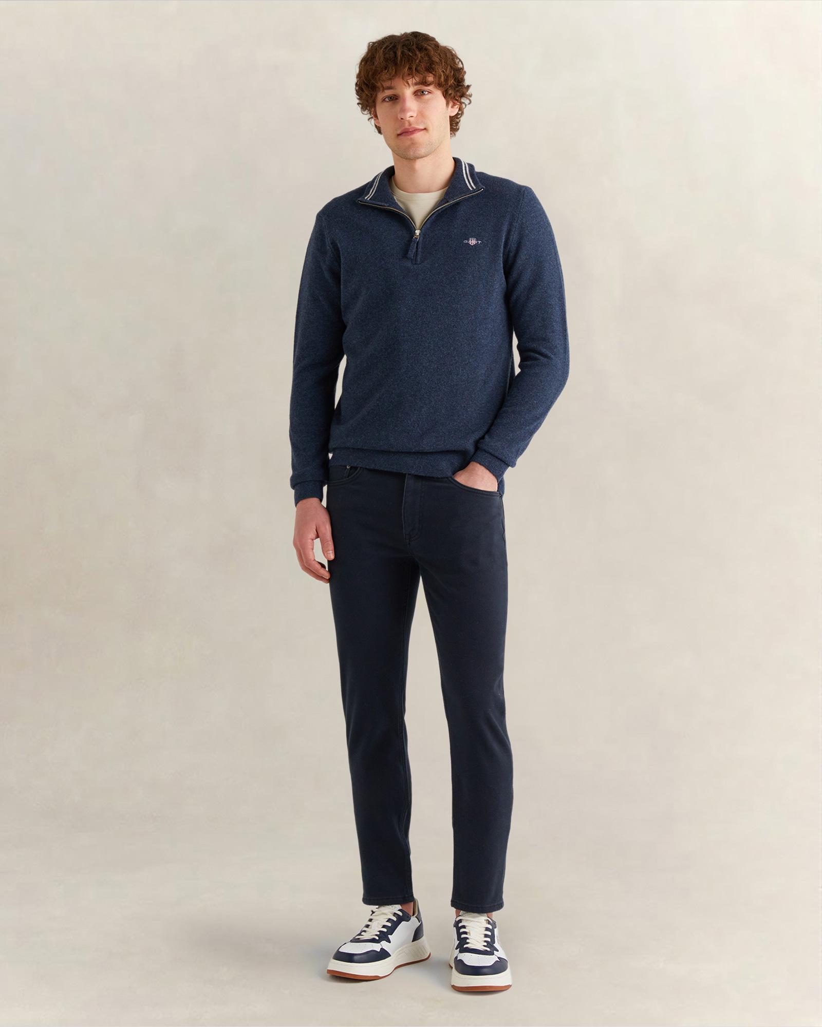 GANT Erkek Lacivert Regular Fit Yarım Fermuarlı Yün Kazak