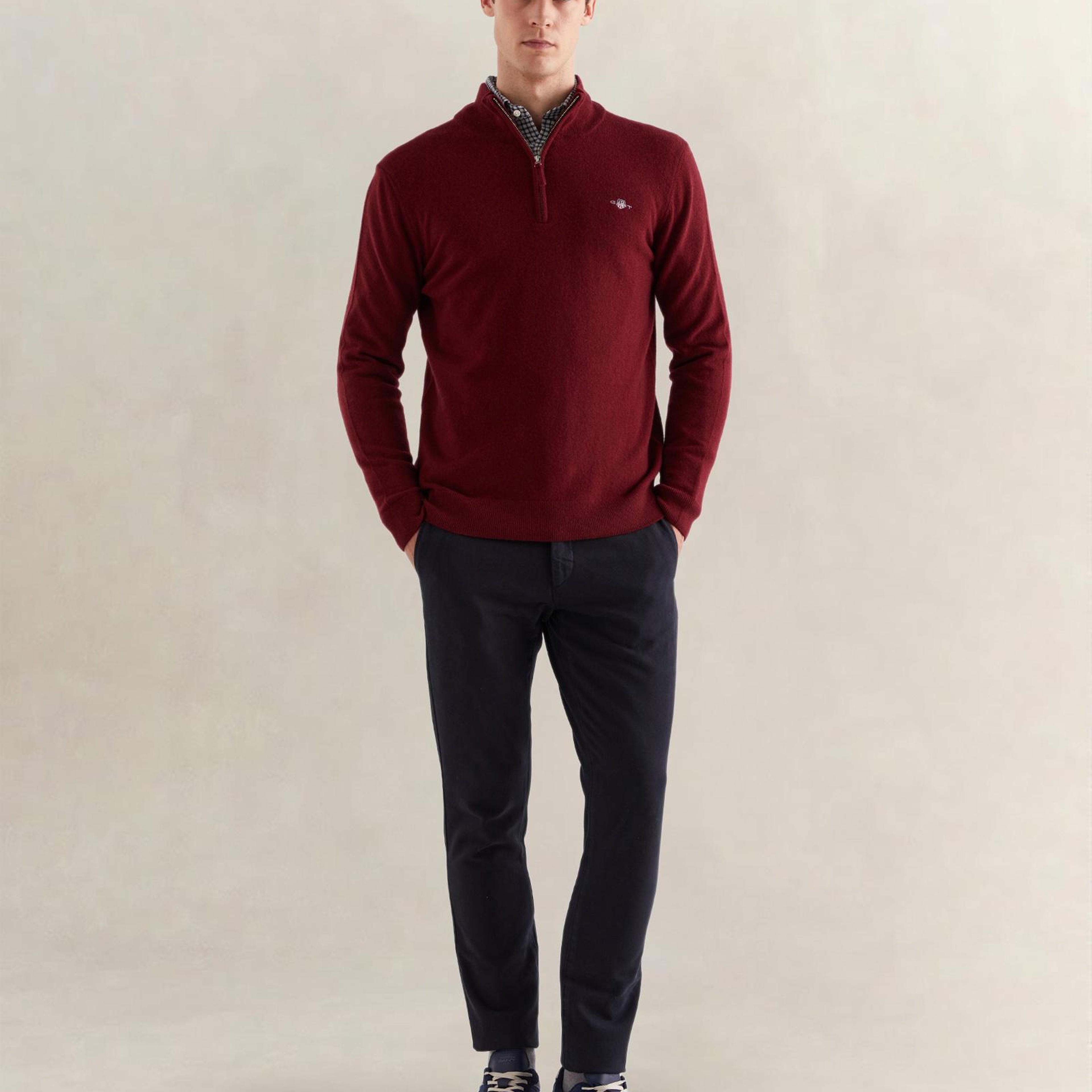 GANT Erkek Bordo Regular Fit Yarım Fermuarlı Yün Kazak